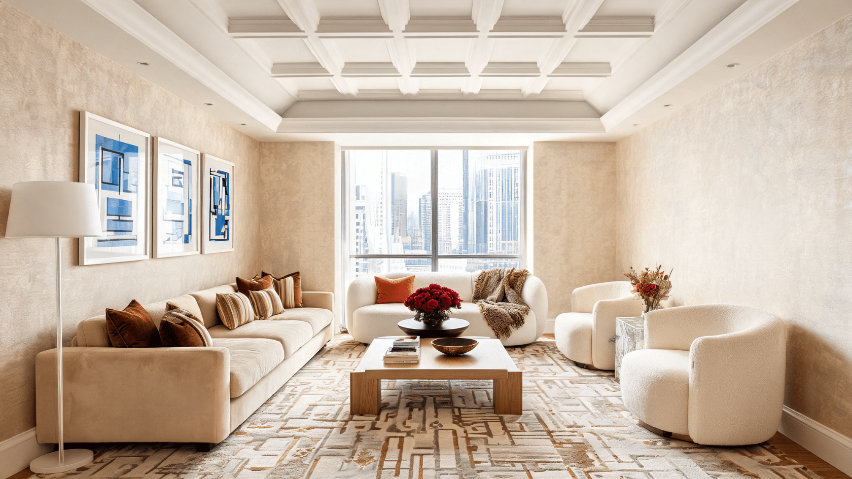 Elegant beige living room with neutral sofas, white barrel chairs, coffered ceiling, large window, and blue abstract art.