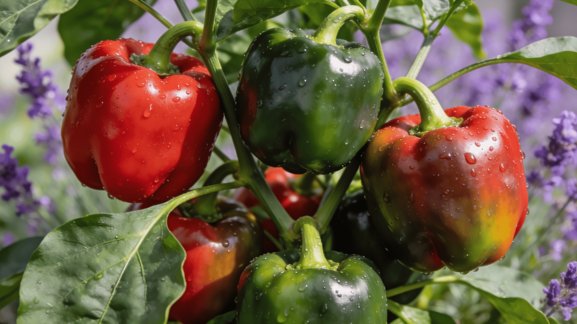 Bell pepper plants growing near lavender in a mixed vegetable garden bed.
