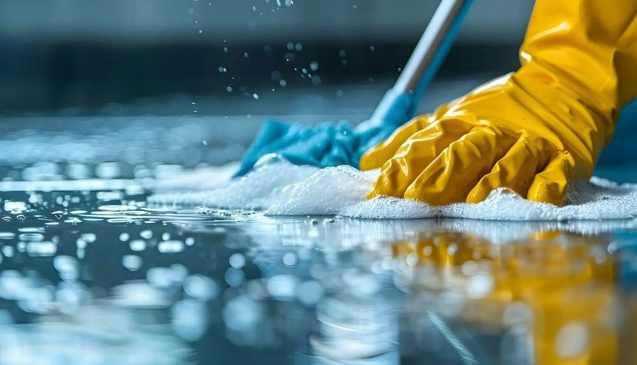 Yellow-gloved hands scrubbing soapy water on reflective surface in indoor setting
