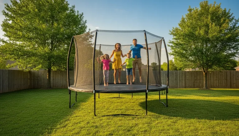 Family jumping on trampoline in sunny backyard with green grass and trees