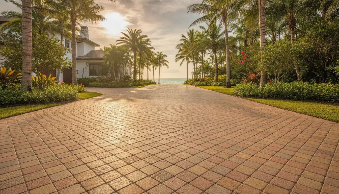 Brick driveway lined with palm trees leading to a coastal view at sunset