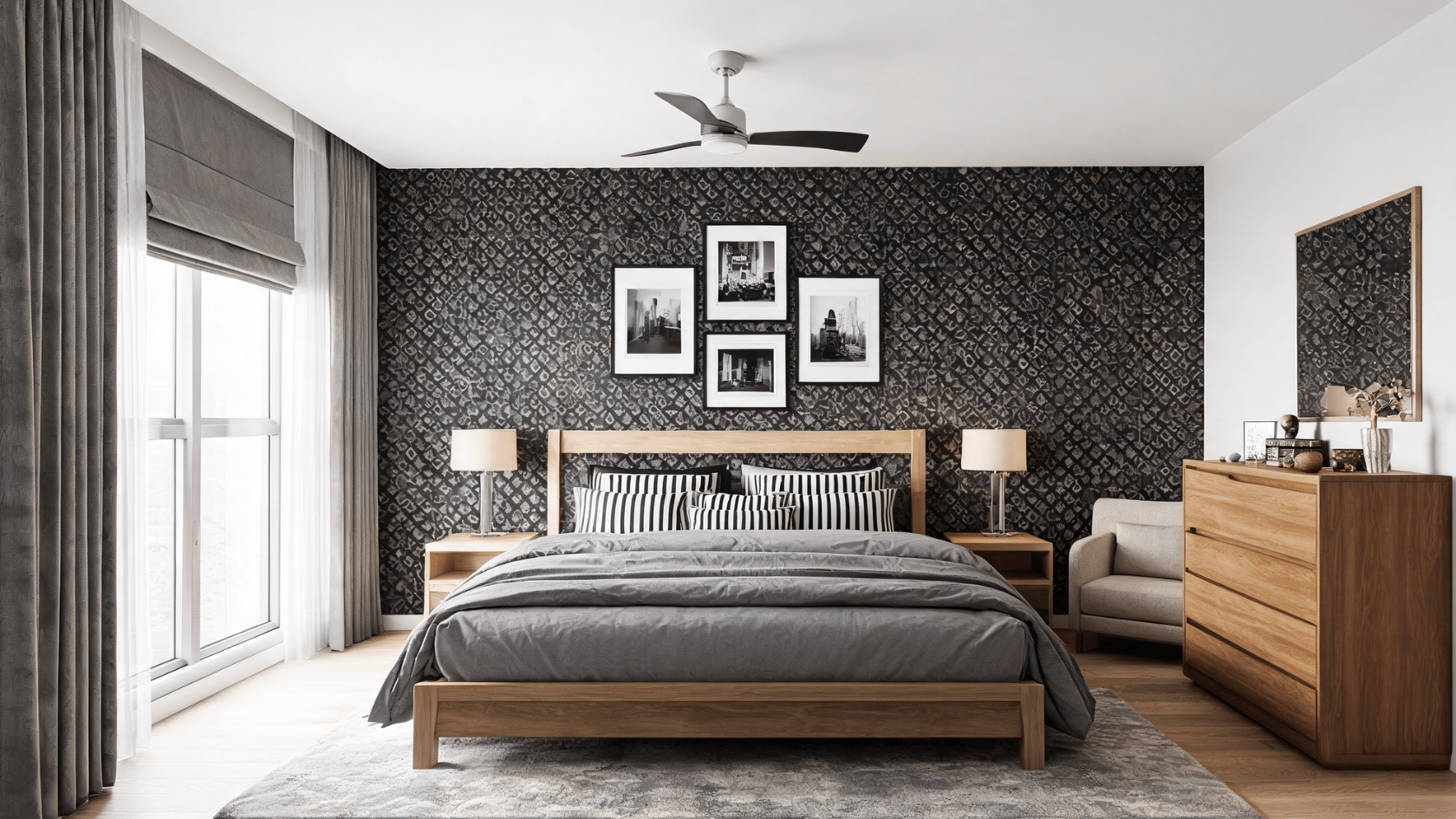 **Alt Text:** Modern bedroom with a dark patterned accent wall, wooden bed frame, grey bedding, striped pillows, and a wood dresser.