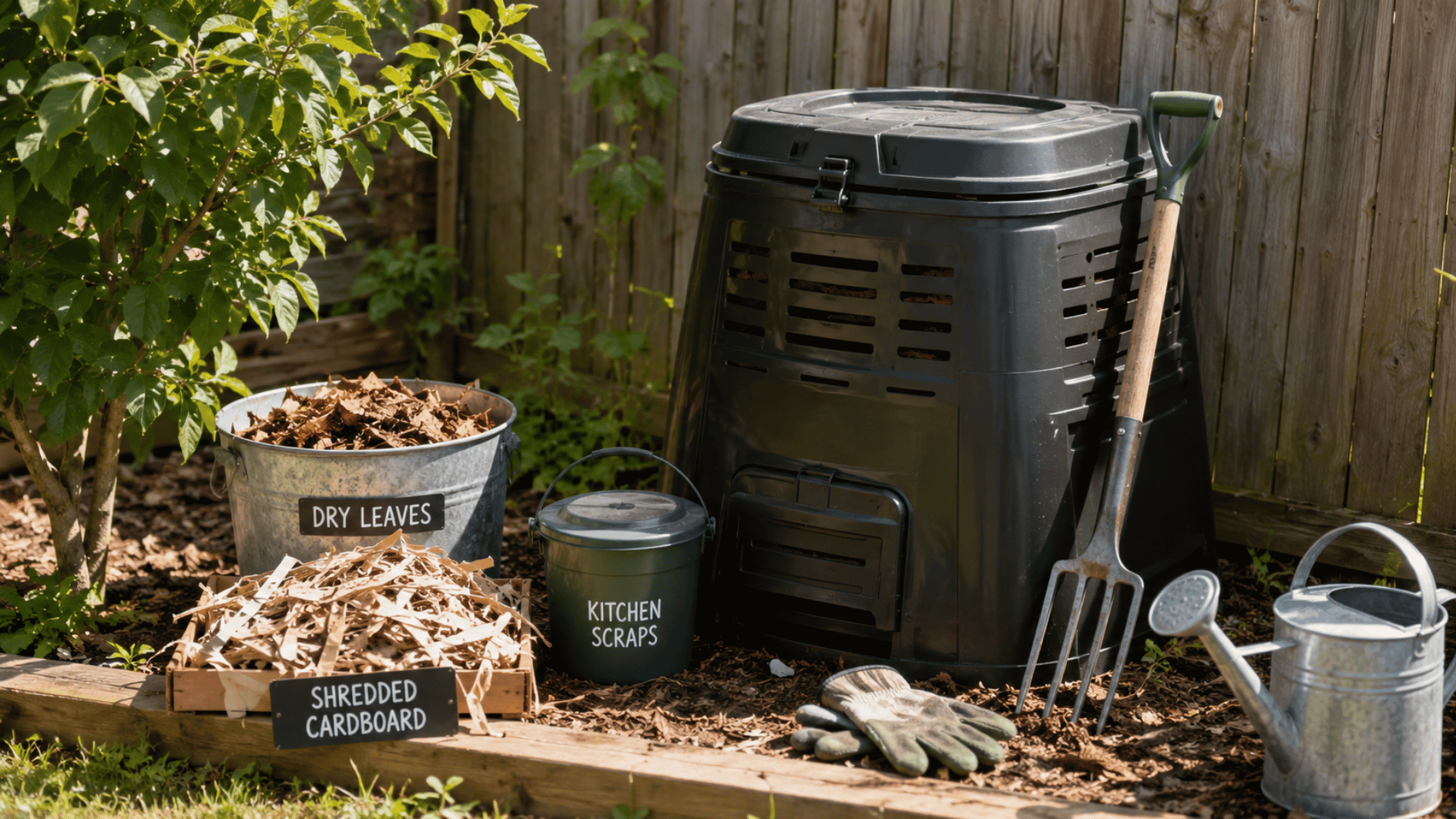 black compost bin with dry leaves shredded cardboard tools and watering can in backyard garden