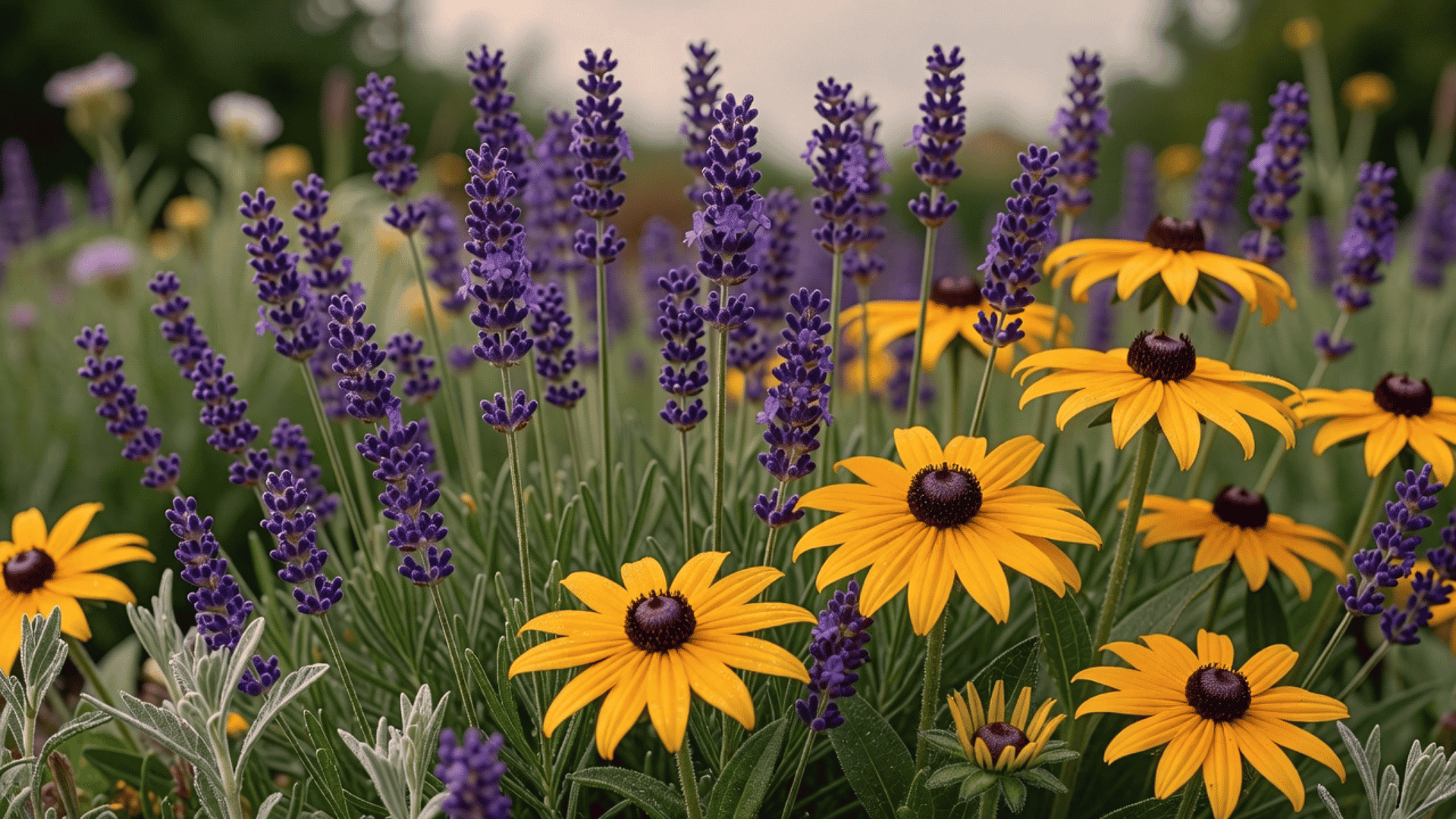 Yellow black-eyed Susan flowers beside lavender creating strong color contrast in a garden bed.