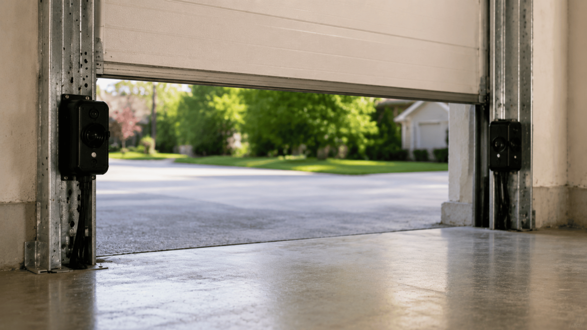 black safety sensors mounted on the tracks of an open garage door looking out onto a sunny driveway