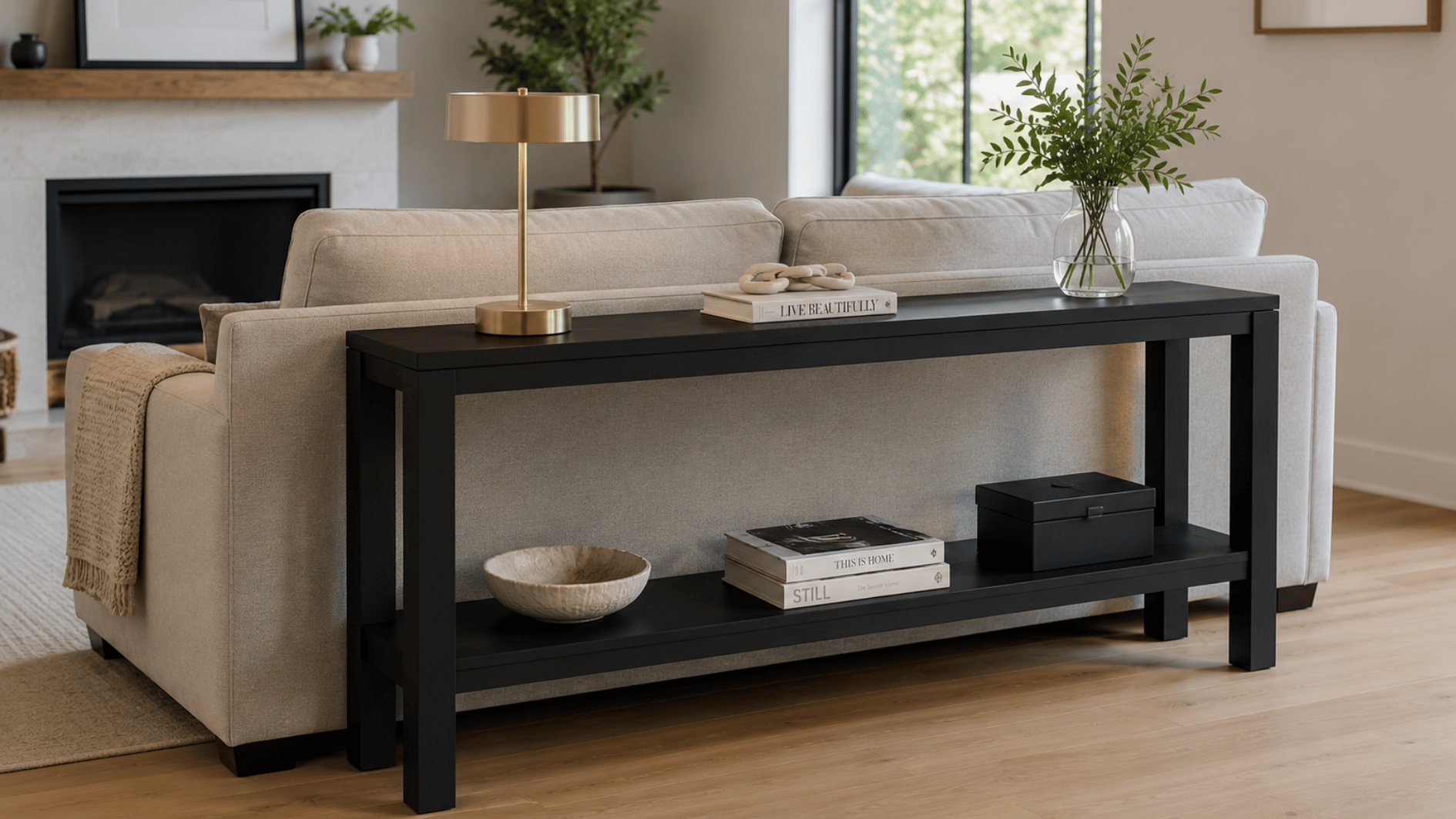 black sofa table behind couch with lamp books vase and modern living room decor