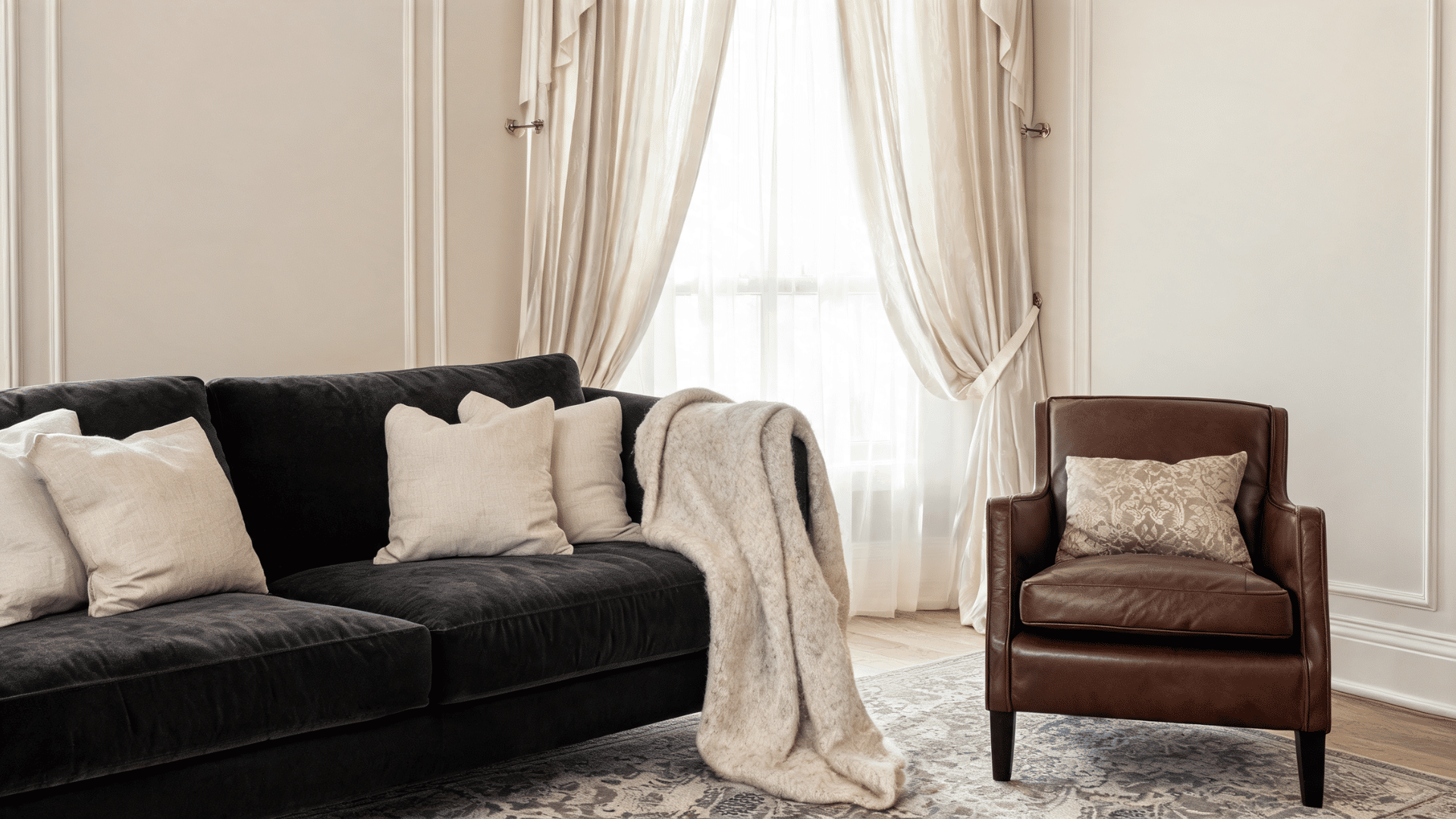 Sofa area with velvet, linen, silk curtains, leather chair, rug, and wool throw in layered textures