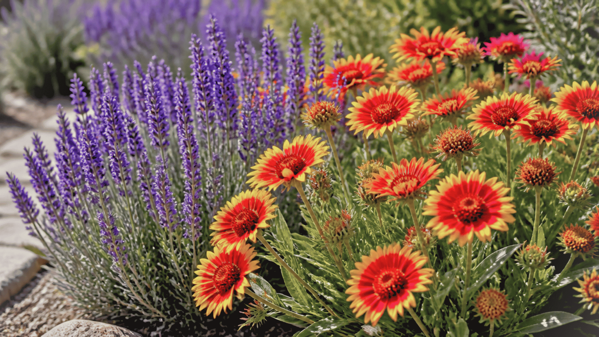 Warm-toned blanket flowers growing with lavender in a dry garden with strong color contrast.
