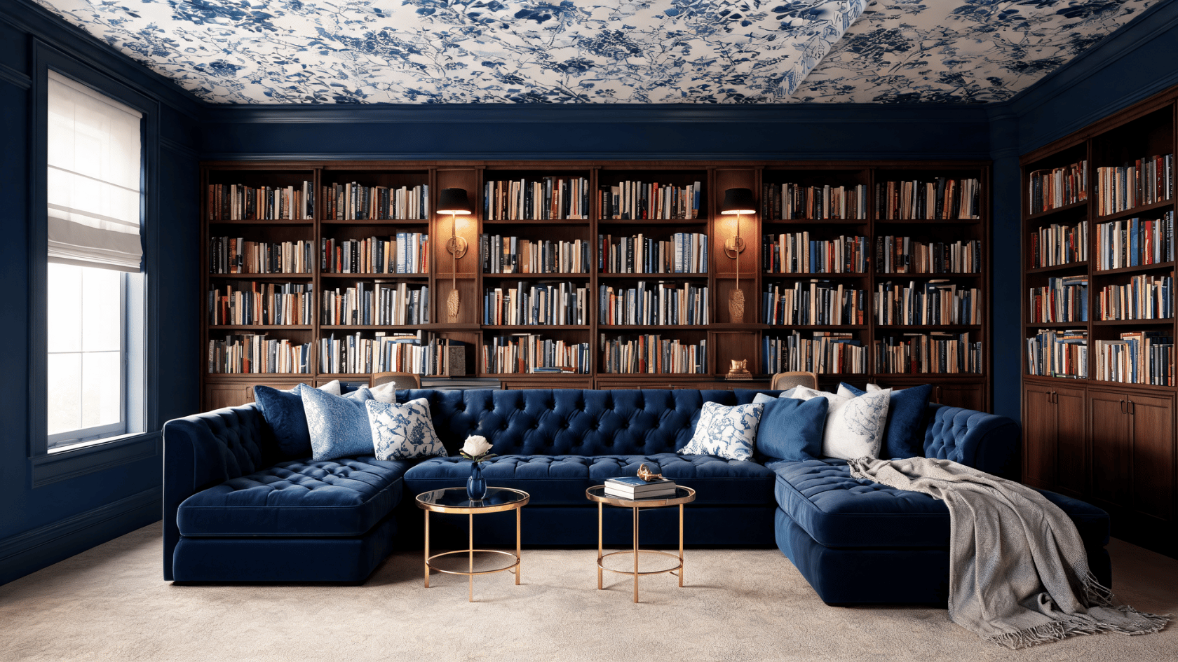 Navy home library with a blue velvet sectional, bookshelves, and a blue-and-white floral patterned ceiling.