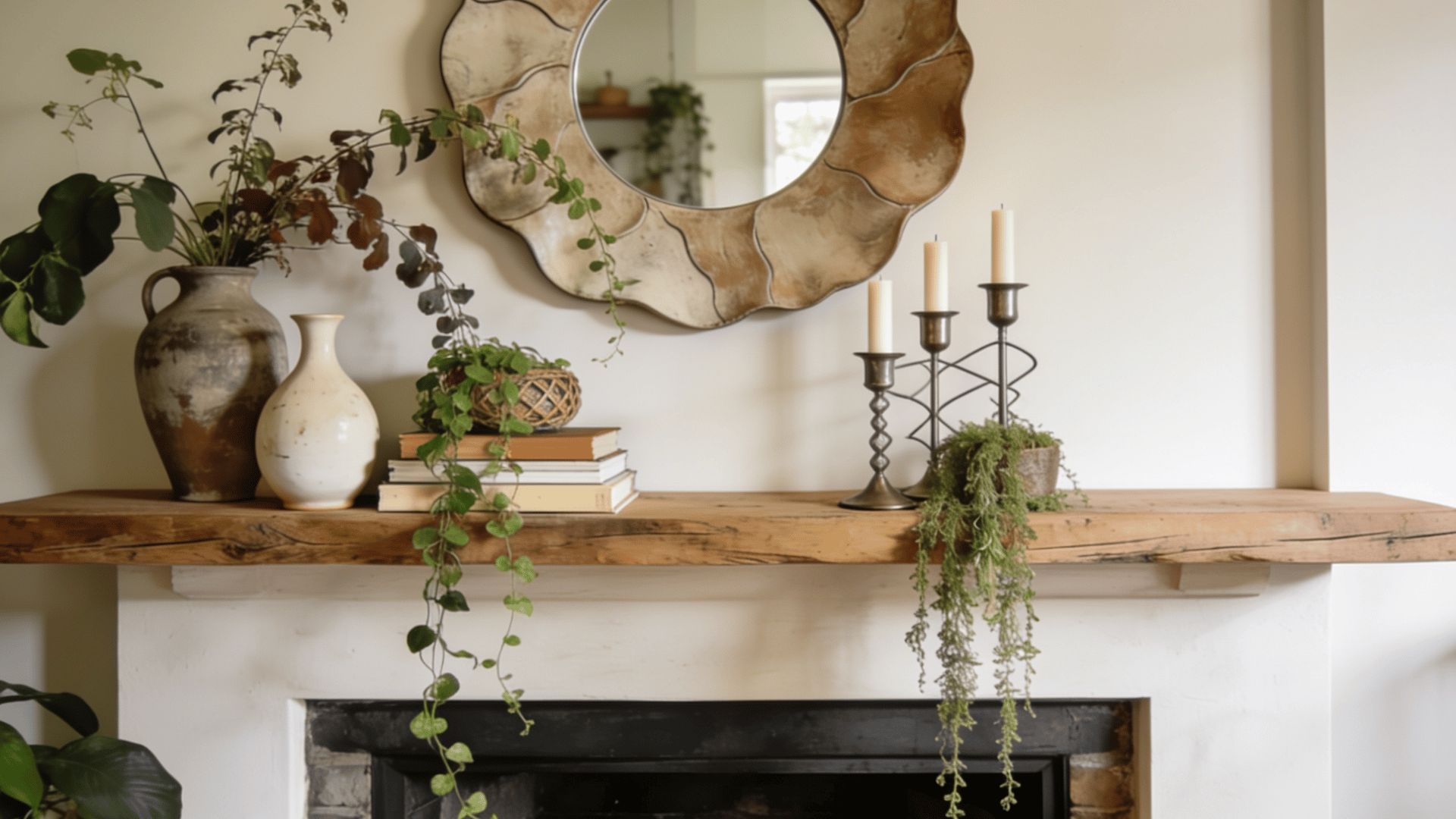Boho mantel styling with plants, candles, vases, books, and a round mirror above fireplace