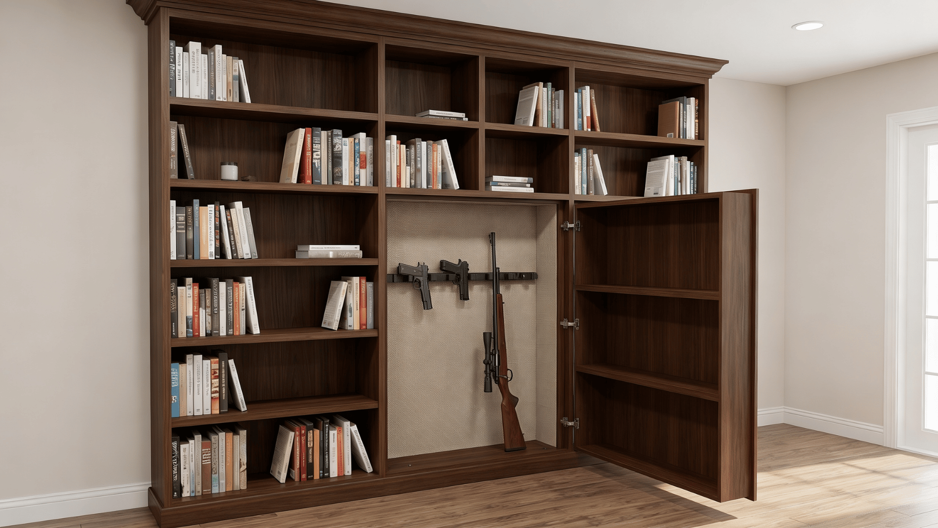 bookshelf with a hidden compartment open to reveal firearm storage in a home interior