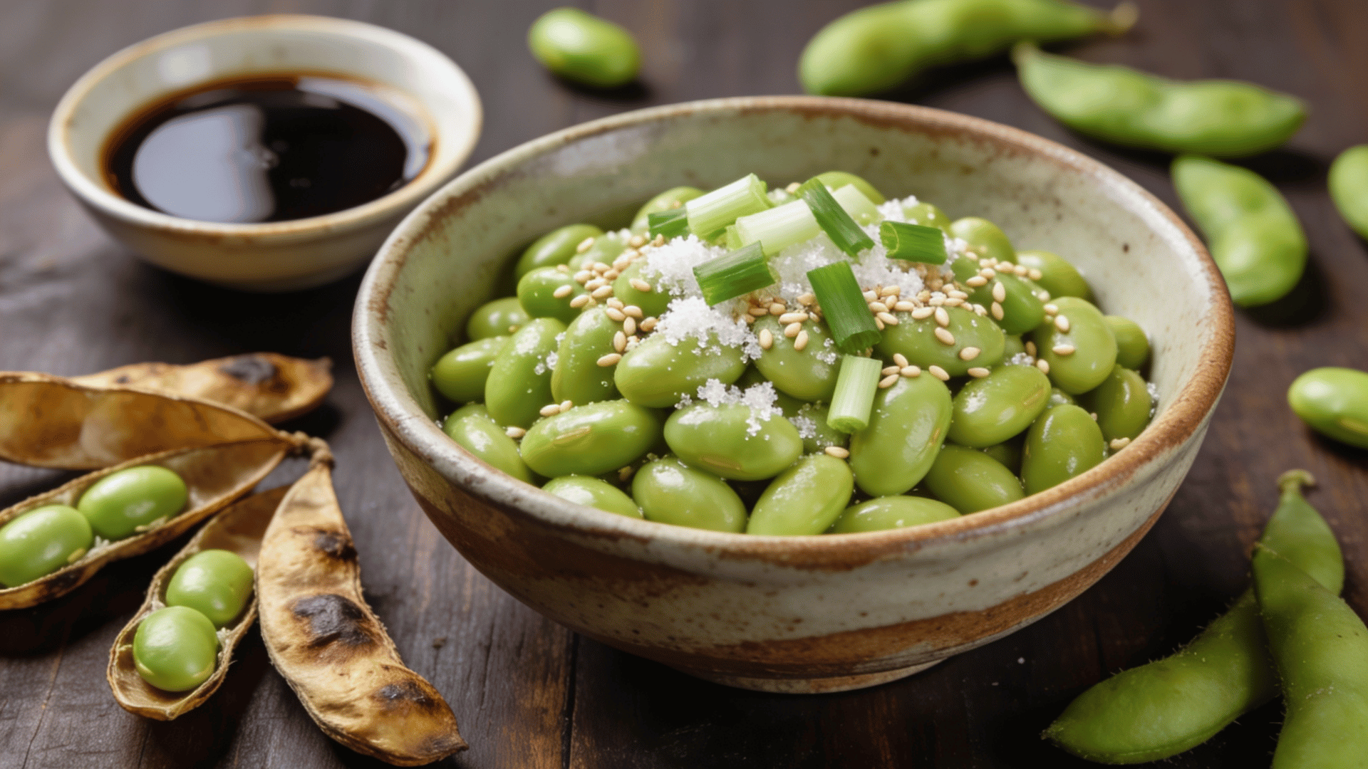 bowl fresh soybean pods on a wooden table