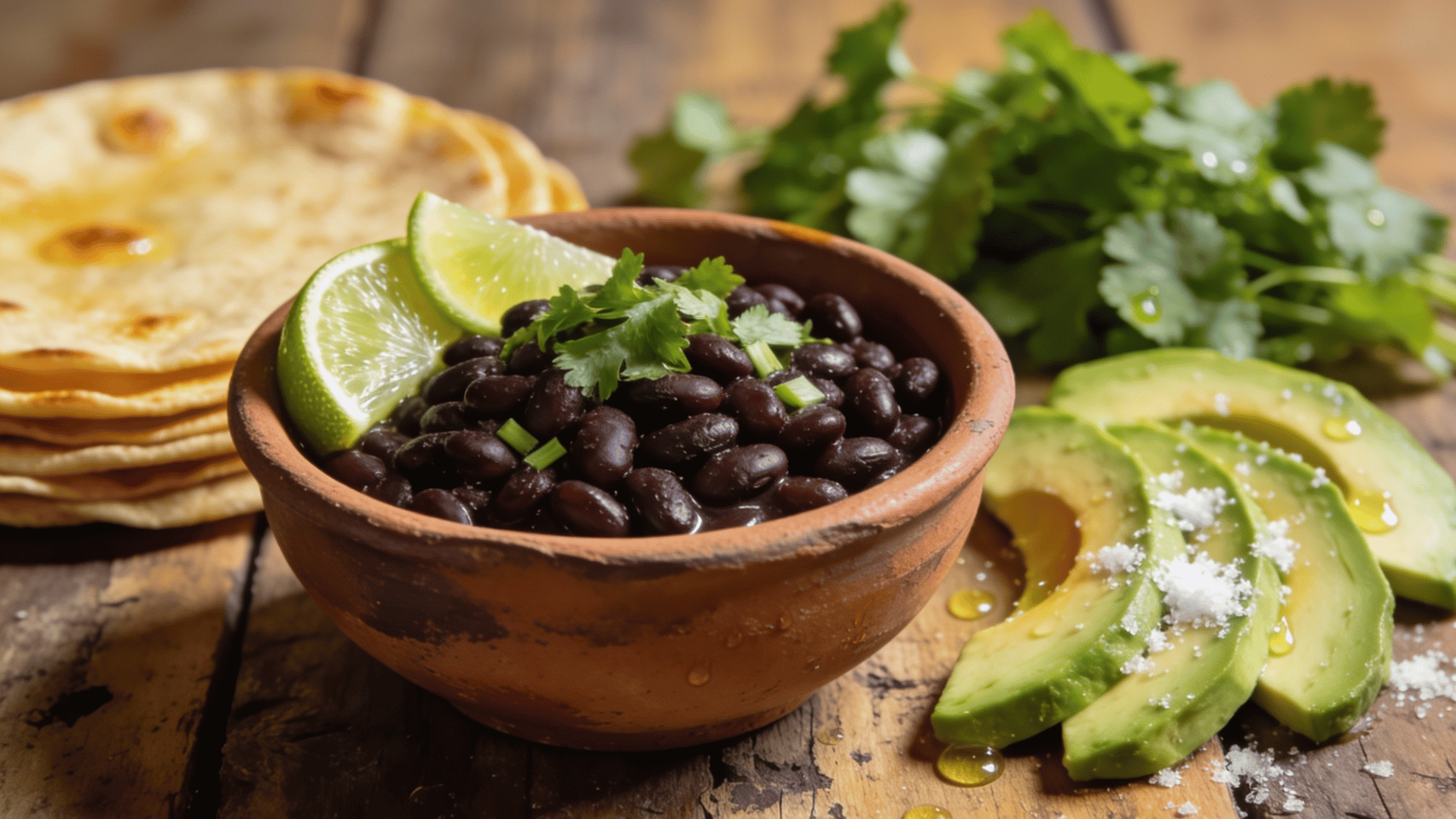 bowl of black beans garnished with lime and cilantro, served with avocado slices and warm tortillas on a wooden table