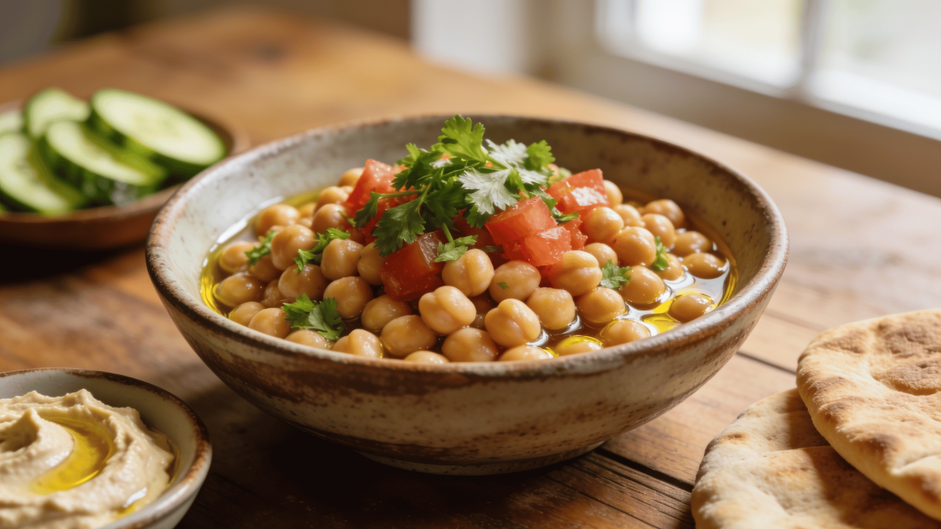 bowl of chickpeas topped with diced tomatoes and fresh herbs, served with hummus, cucumber slices, and pita bread on a wooden table