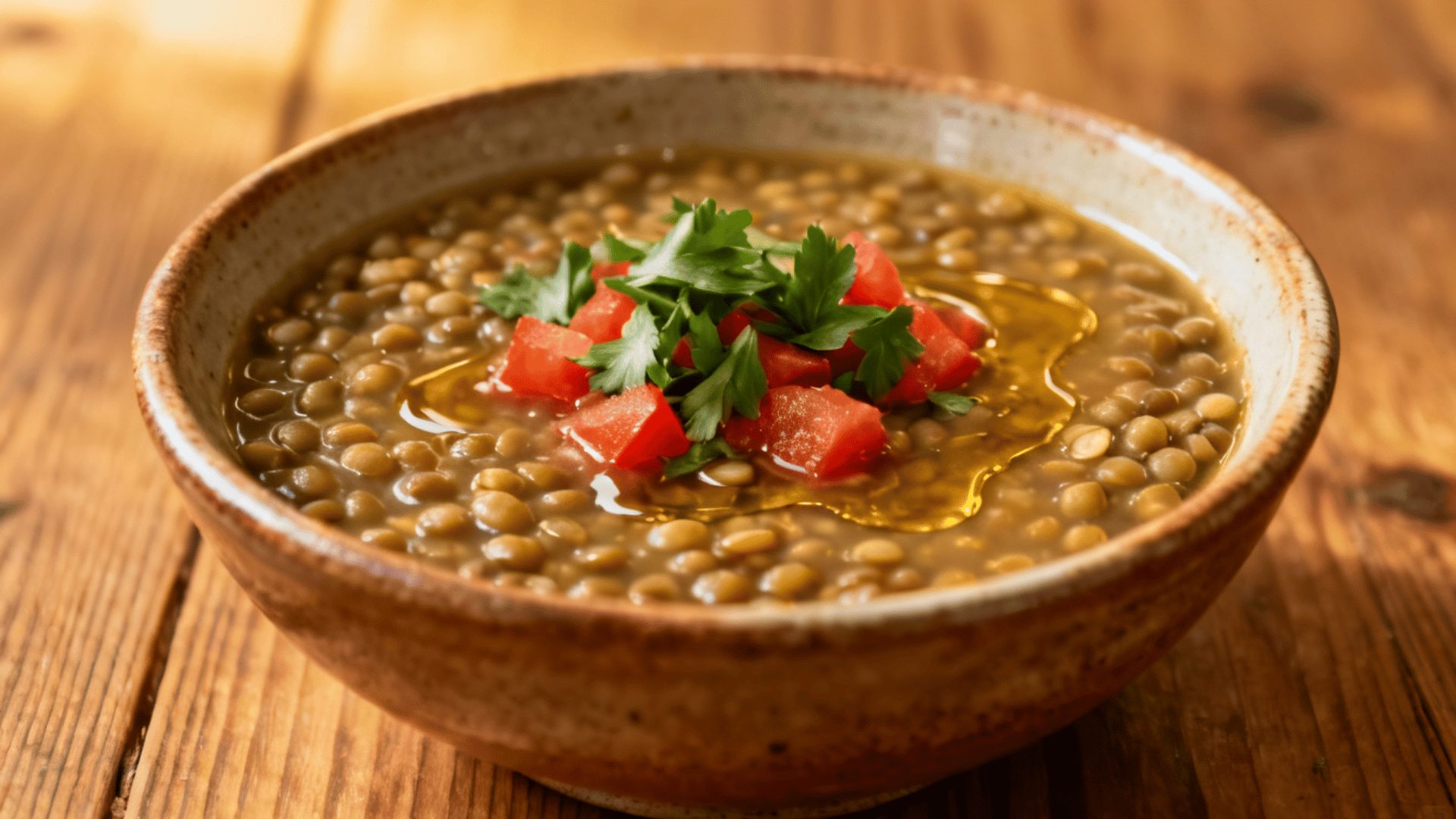 bowl of cooked lentil soup topped with diced tomatoes, fresh parsley, and olive oil on a rustic wooden table