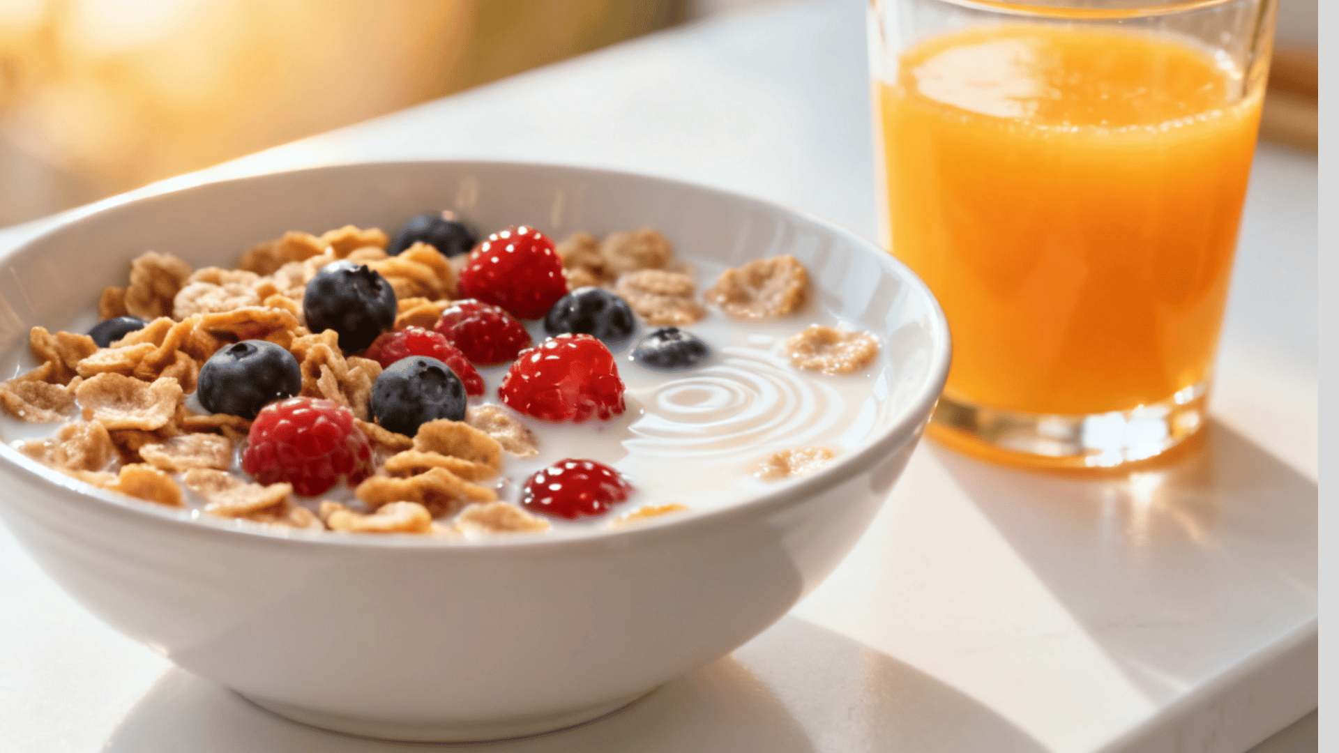 bowl of fortified breakfast cereal with milk, fresh berries, and a glass of orange juice on a bright breakfast table