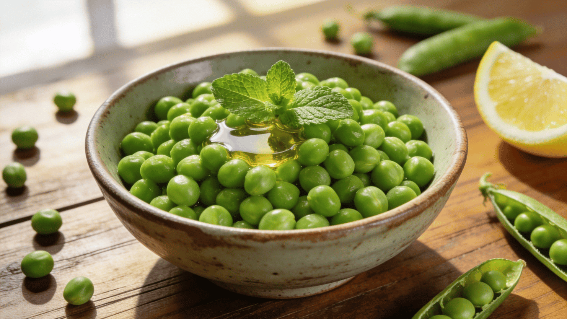 bowl of green peas topped with fresh mint and olive oil, served with lemon wedges and pea pods on a rustic wooden table