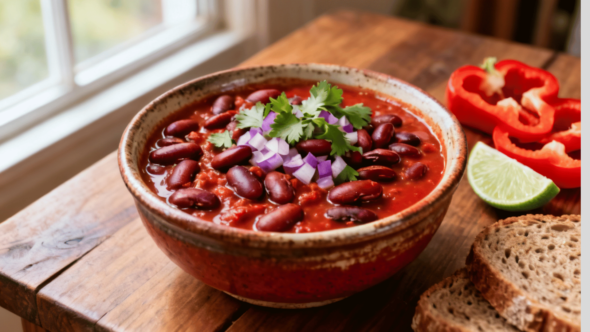 bowl of kidney bean chili topped with diced onion and cilantro, served with bell pepper, lime, and rustic bread on a wooden table