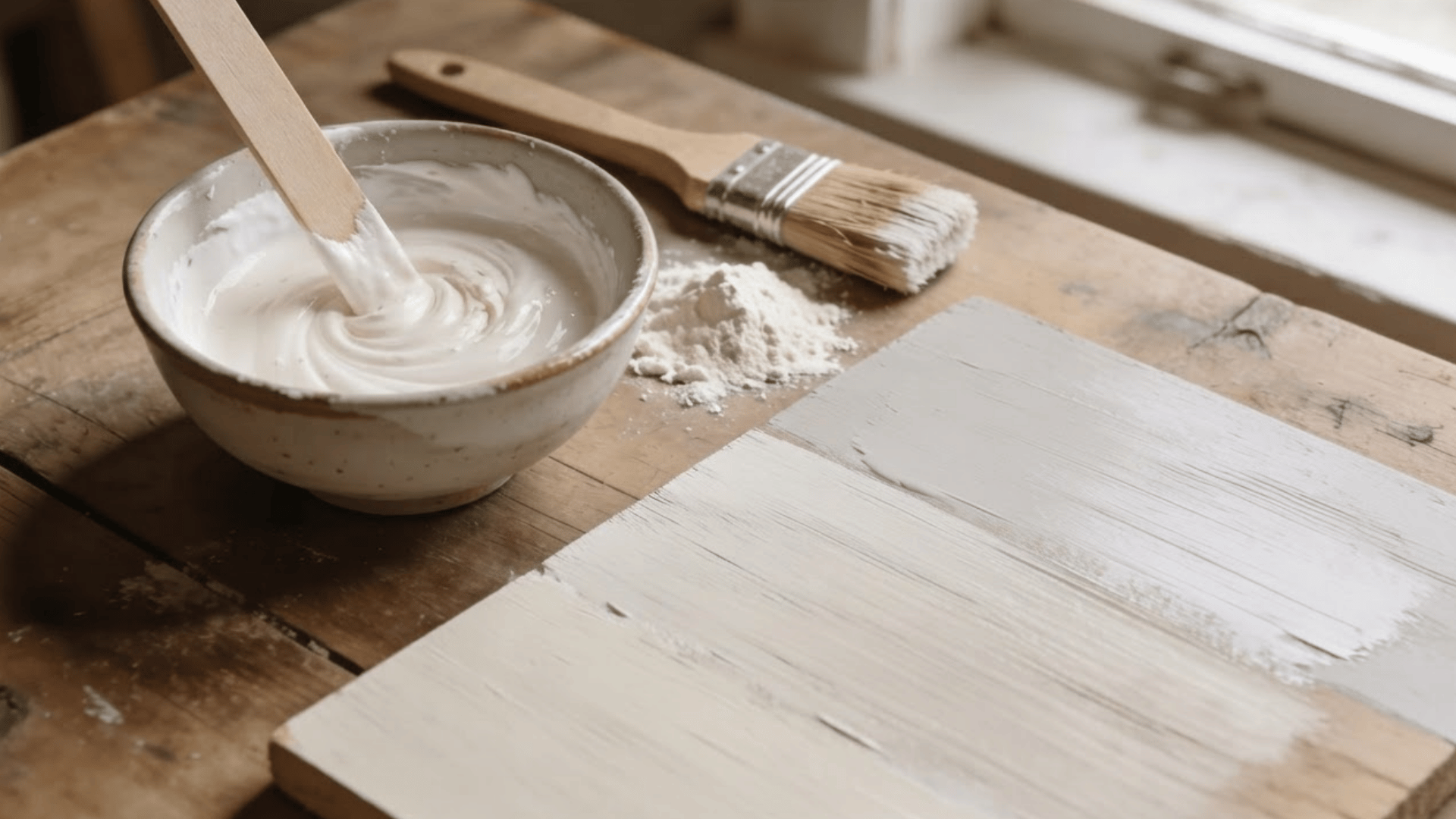 bowl of mixed milk paint with a brush and powder beside wood samples painted in different shades