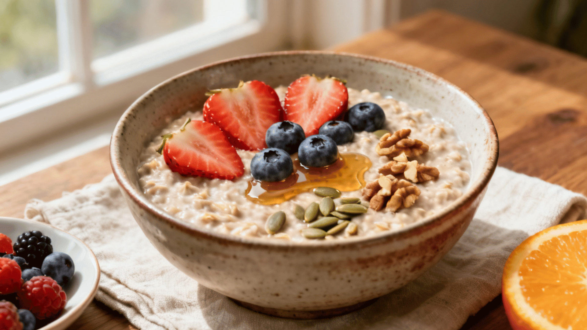 bowl of oatmeal topped with strawberries, blueberries, pumpkin seeds, walnuts, and honey, served with fresh berries and orange slices on a wooden table