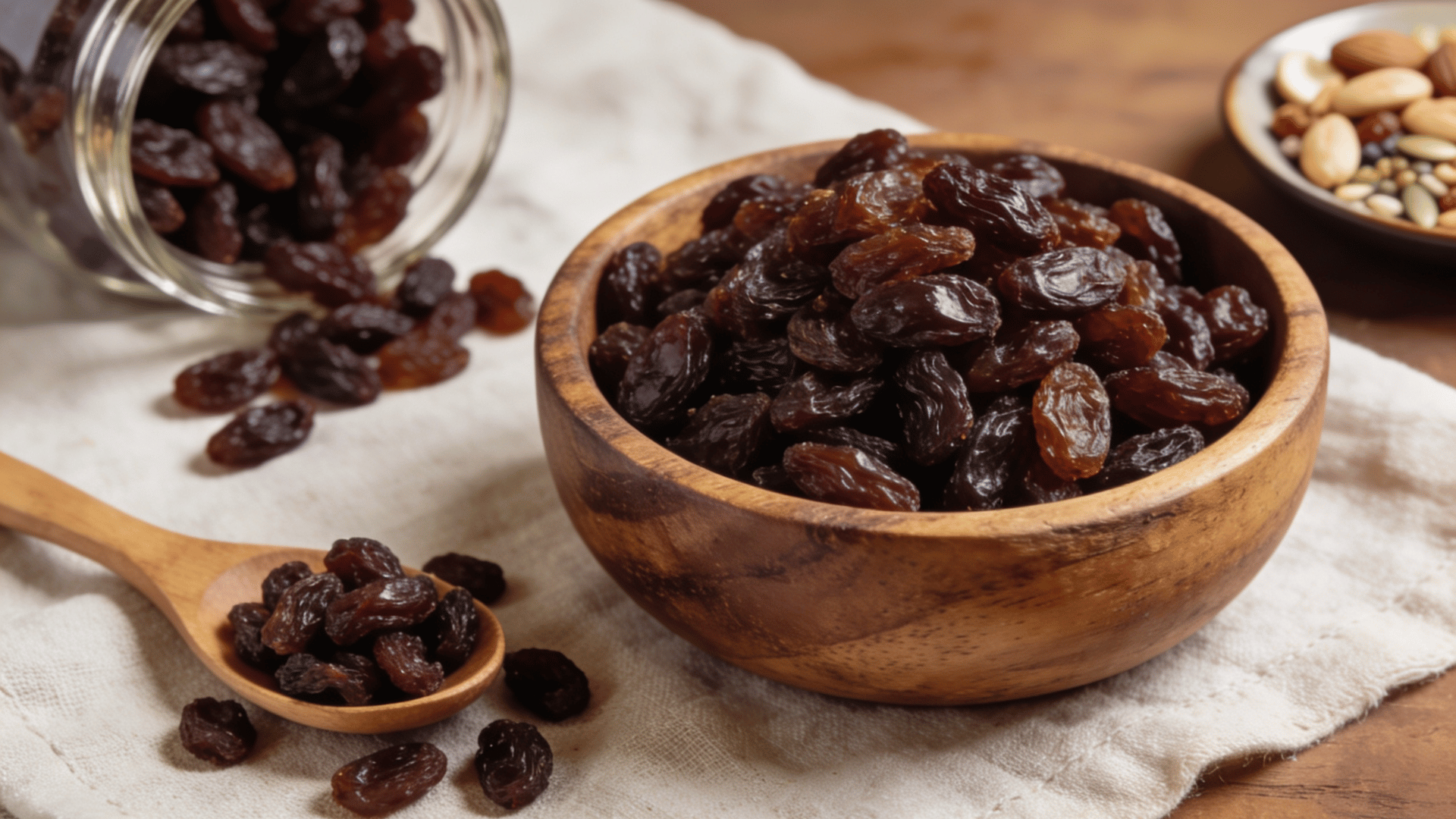 bowl of raisins with a wooden spoon and spilled dried fruit, served alongside mixed nuts on a rustic tablecloth and wooden surface
