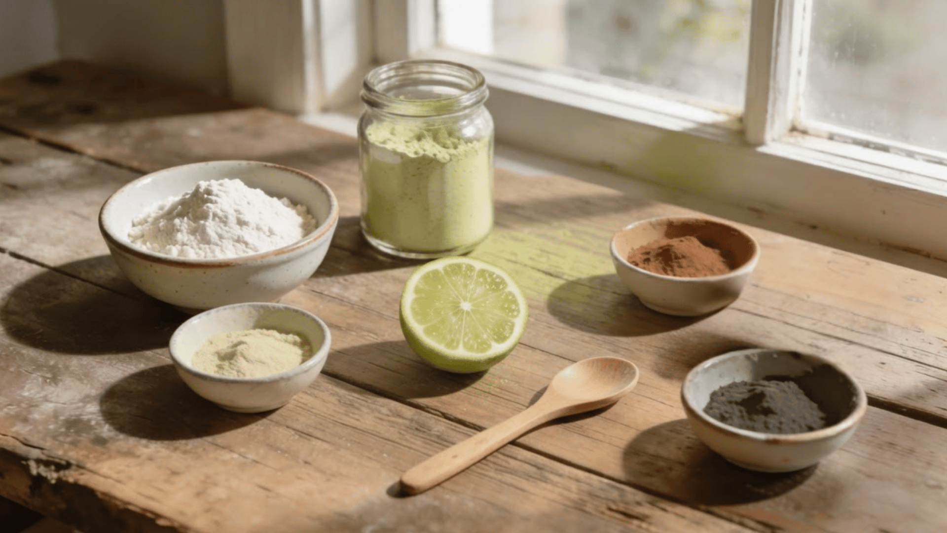 bowls of natural pigment powders, a lime, and a painted wood sample on a sunlit wooden table