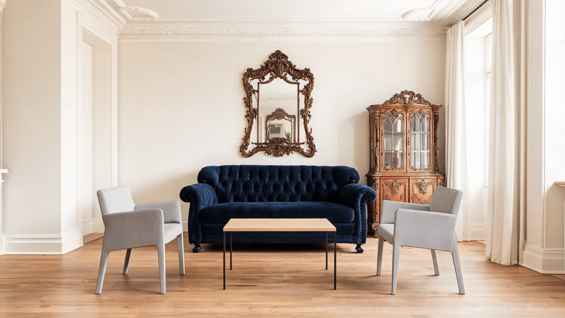 Room with antique mirror, tufted sofa, wood cabinet, and modern furniture mixed in Victorian modern style