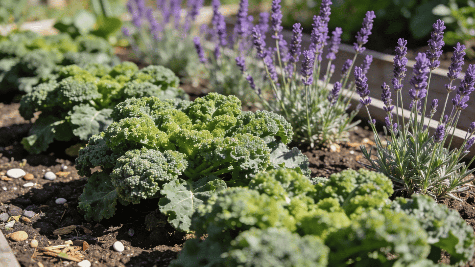 Broccoli plants growing beside lavender with natural pest control in a vegetable patch.