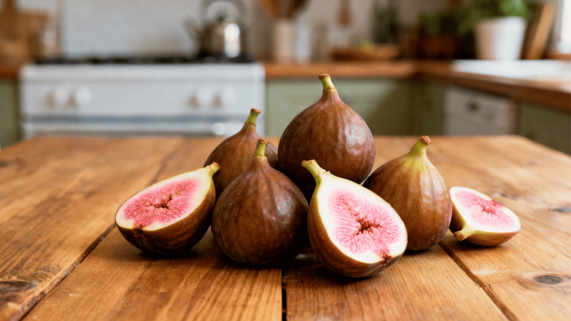 brown turkey figs on wood table, sliced showing pink interior with soft daylight