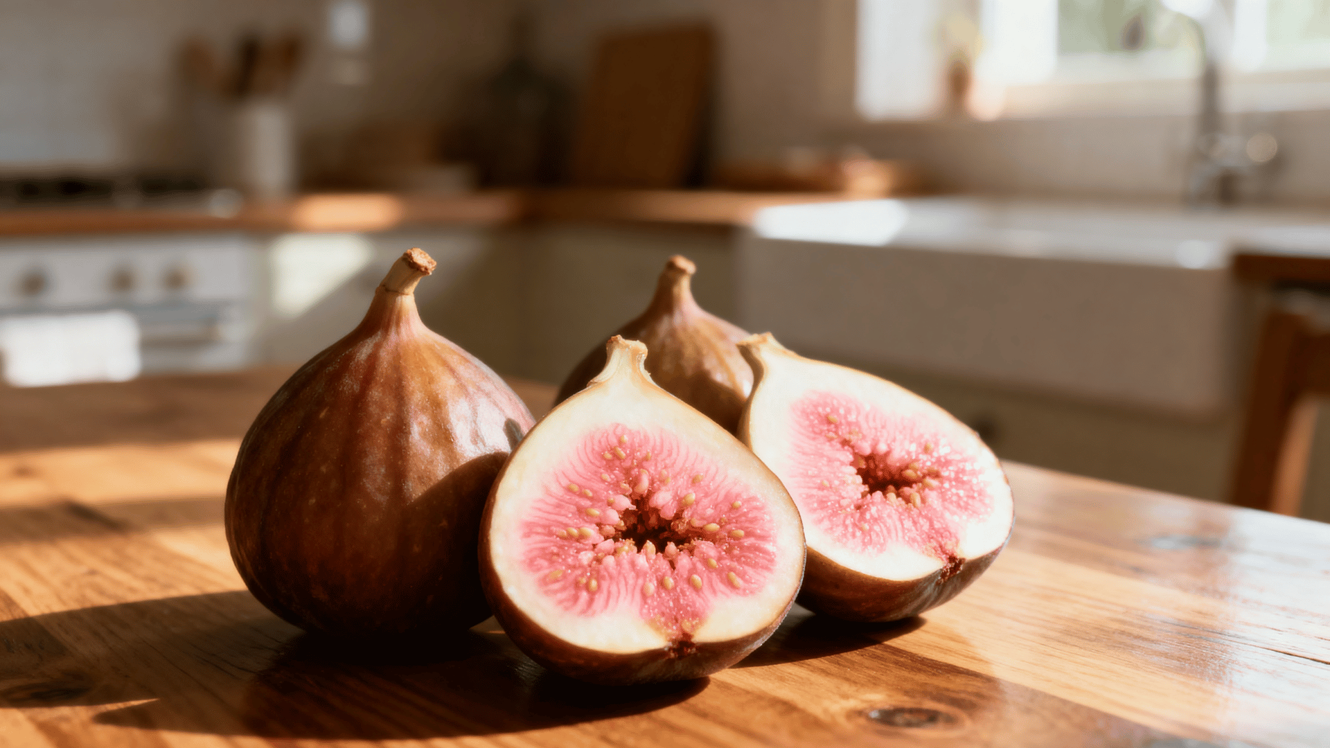 brunswick figs brown skin on wood sliced showing pink interior warm kitchen light