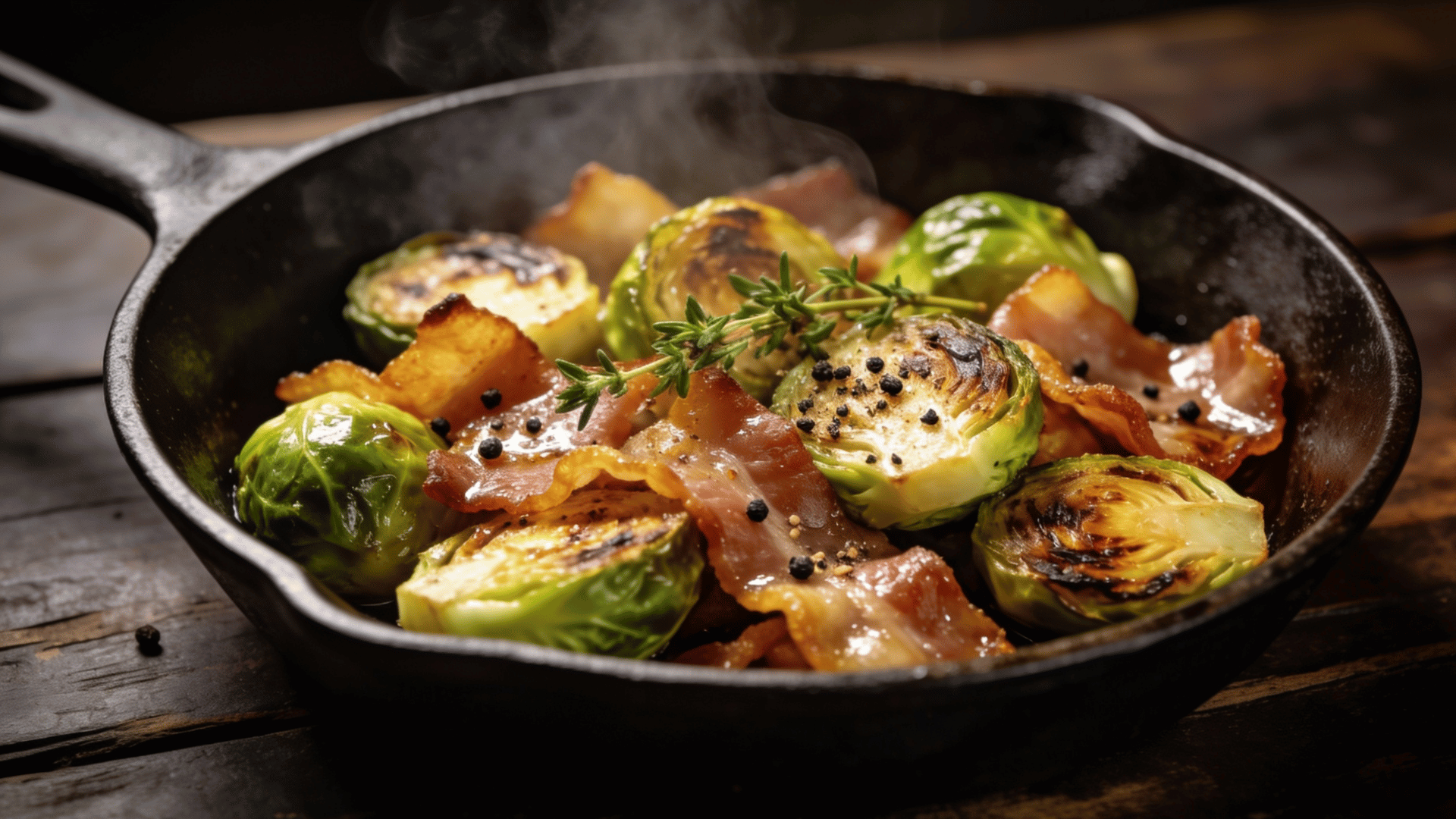 brussels sprouts and bacon skillet with crispy bacon, roasted brussels sprouts, and fresh thyme served hot in a cast iron skillet