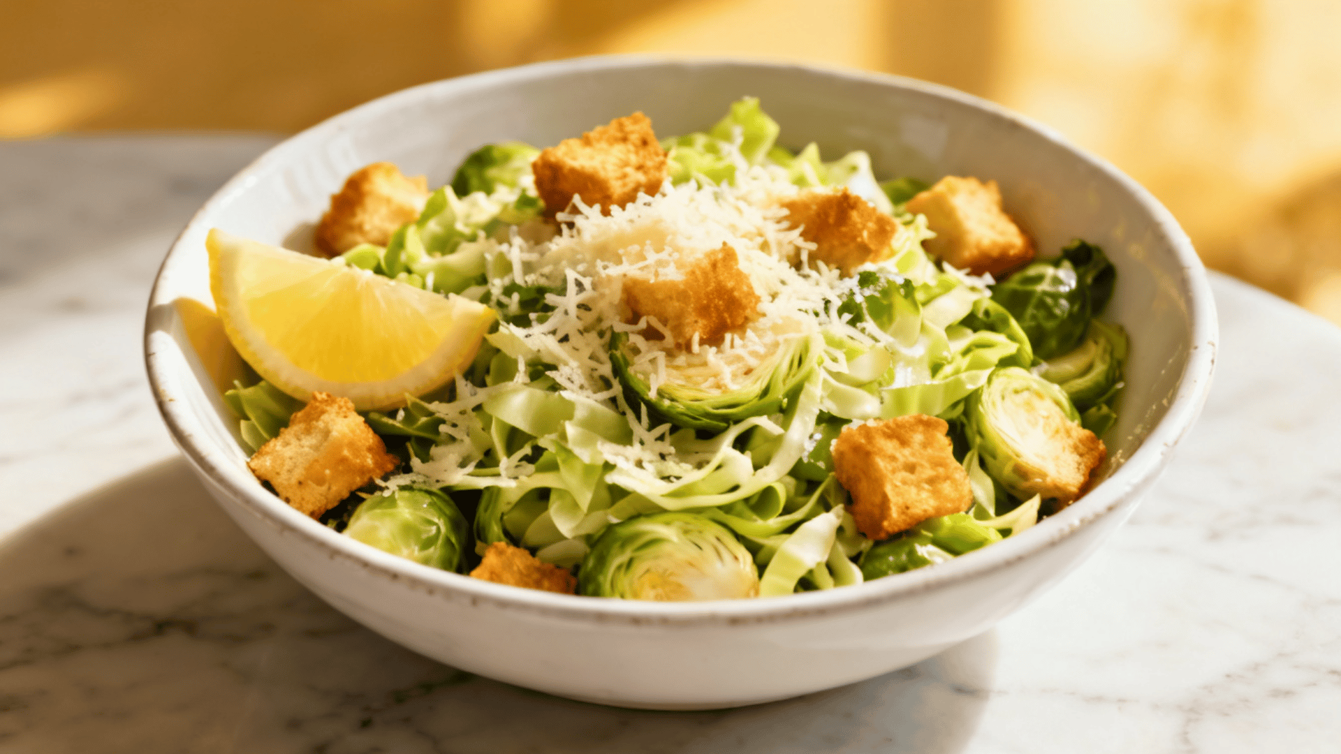 brussels sprouts caesar salad topped with parmesan cheese, crunchy croutons, and a lemon wedge in a white serving bowl