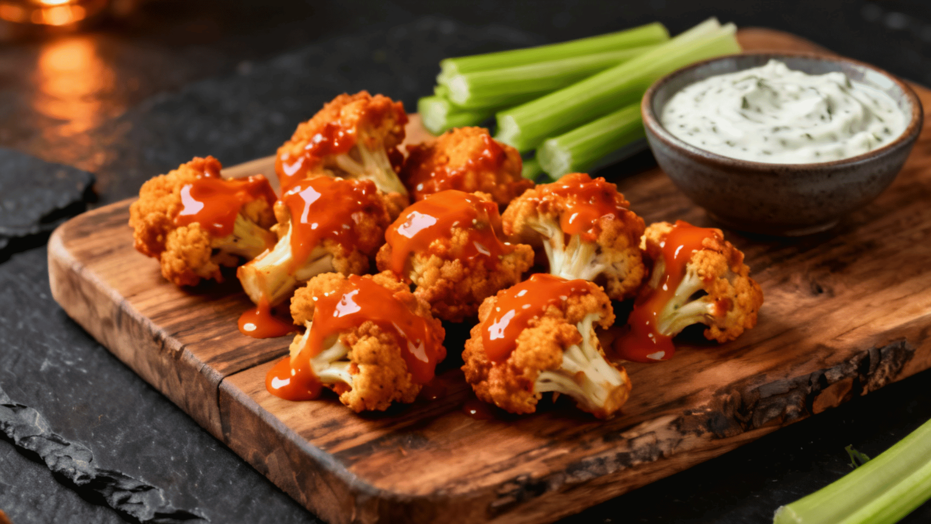 buffalo cauliflower bites coated in spicy sauce and served with celery sticks and a creamy dipping sauce on a wooden board
