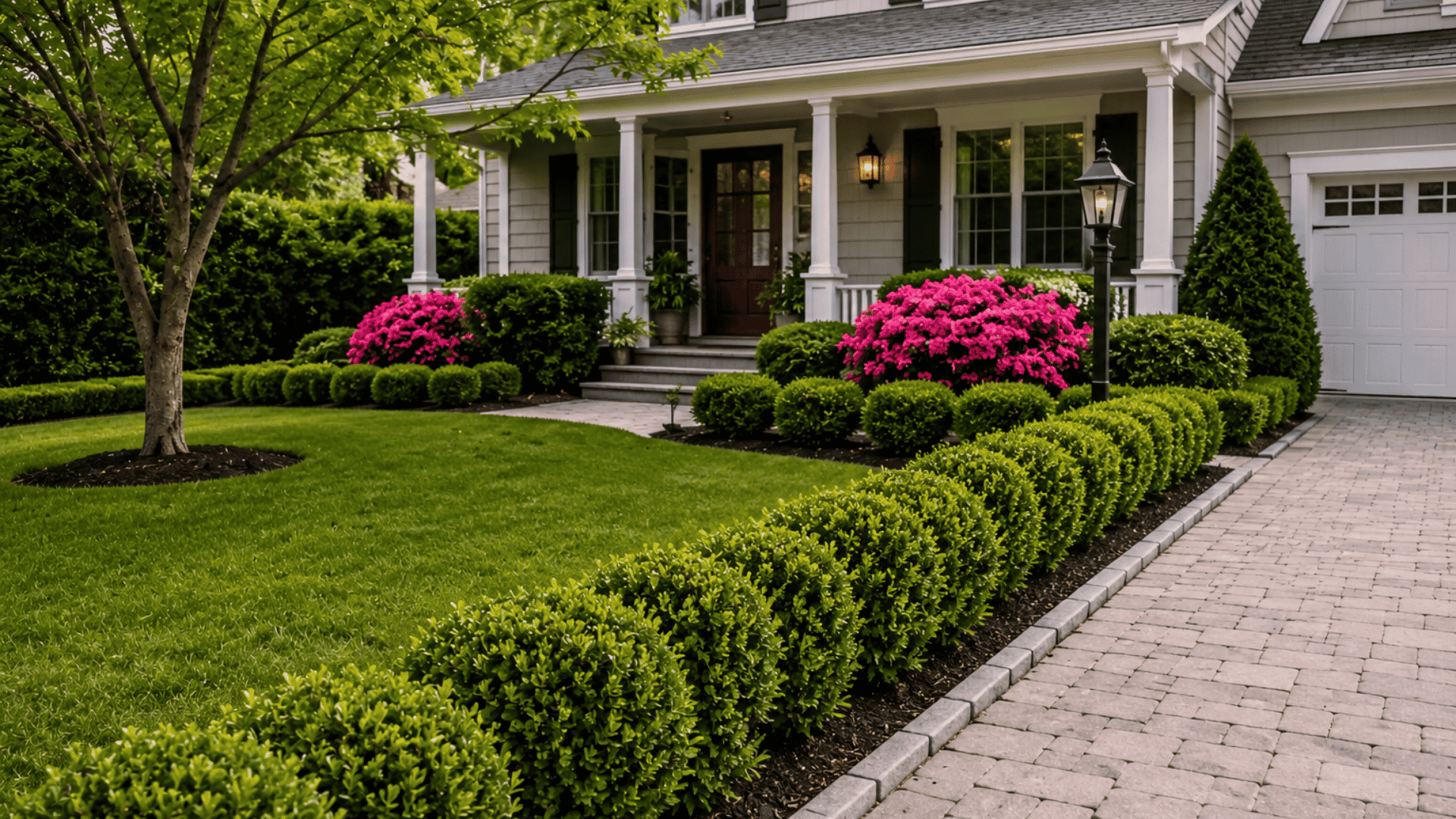 Suburban front yard with structured shrub and living borders using boxwood, azalea, and dwarf shrubs to define space and provide privacy.