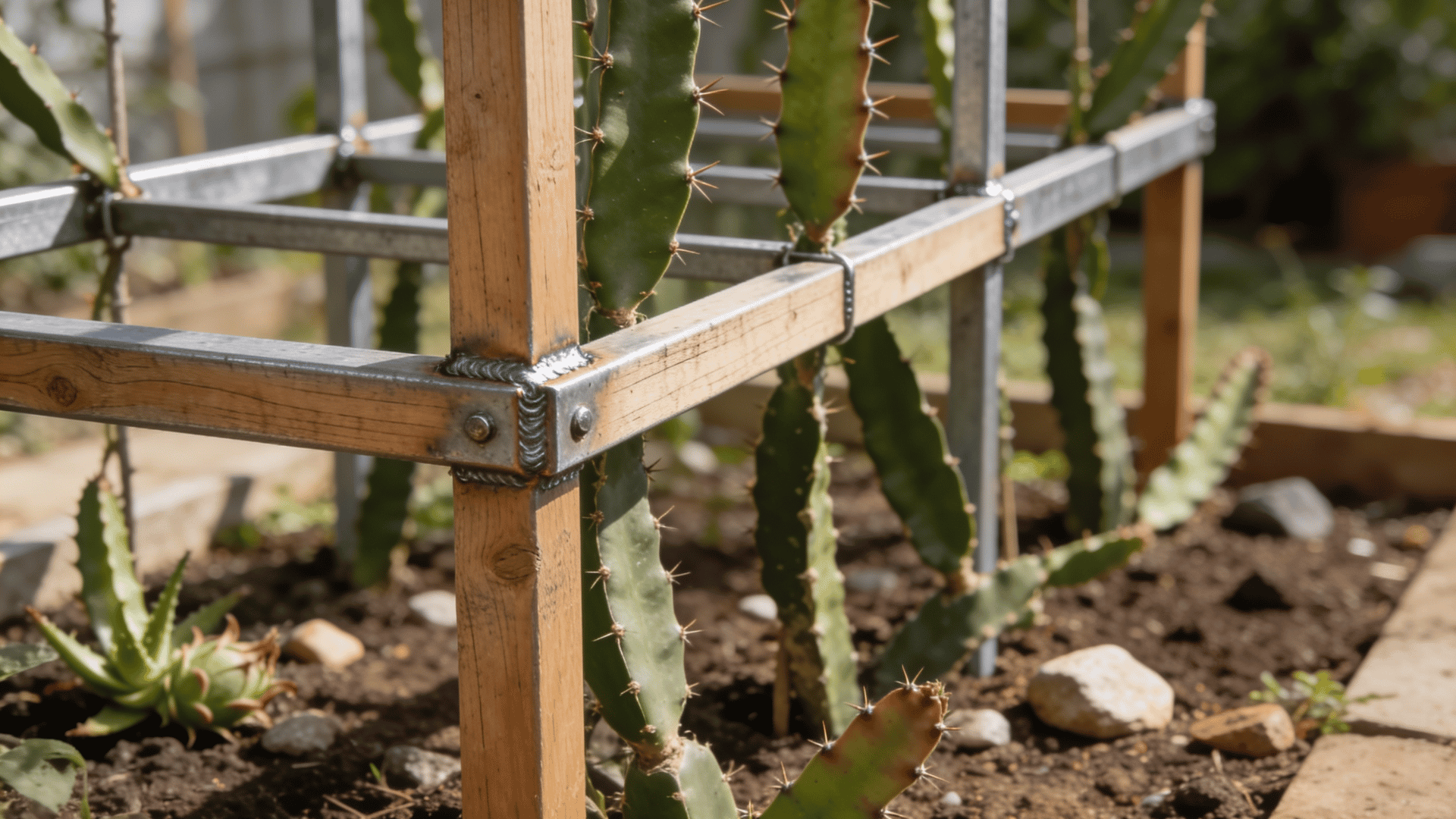 Wooden or metal trellis being built to support climbing dragon fruit plant.