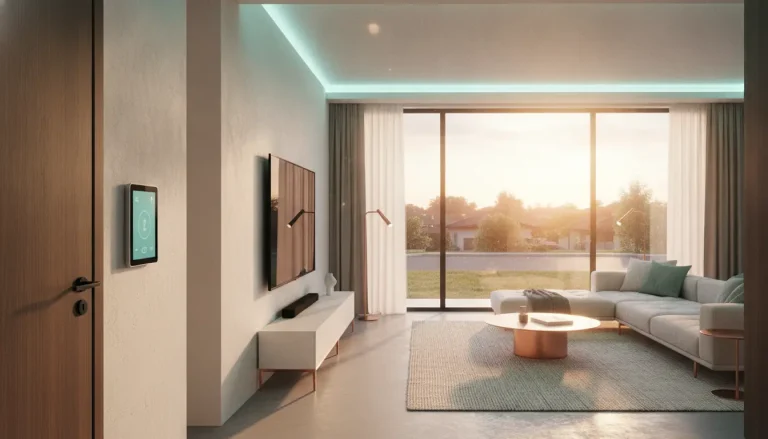 Modern living room with smart home control panel, large window, and cozy sectional sofa