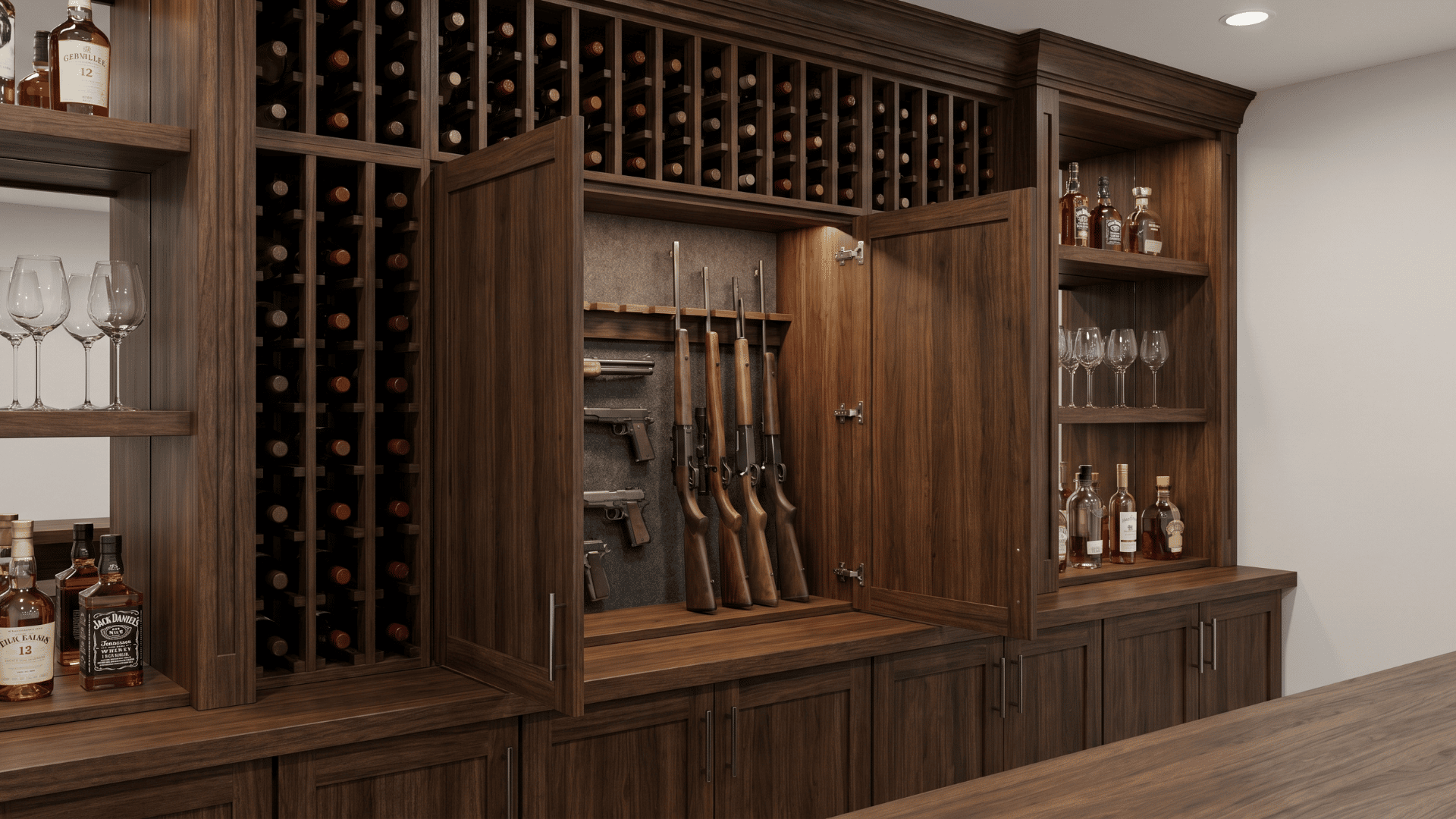built-in cabinet inside a home bar or wine rack open to reveal hidden firearm storage