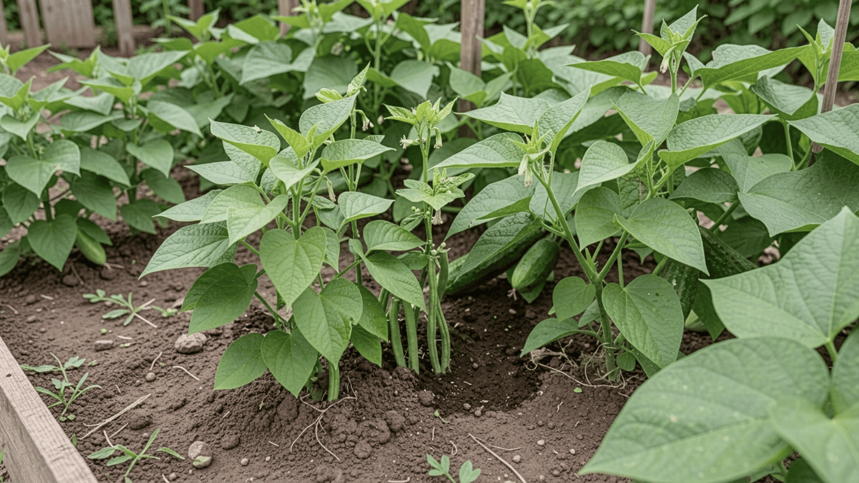 Bush bean plants growing beside cucumber vines in a vegetable garden bed