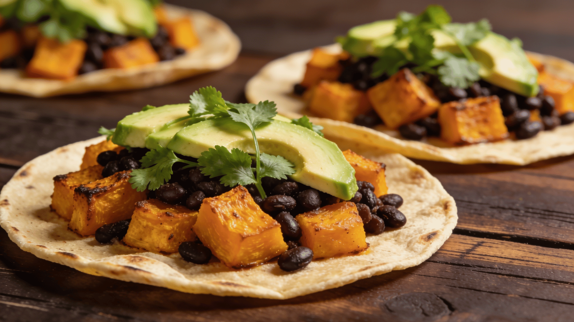 butternut squash and black bean tacos topped with avocado slices and fresh cilantro on warm tortillas served on a wooden table