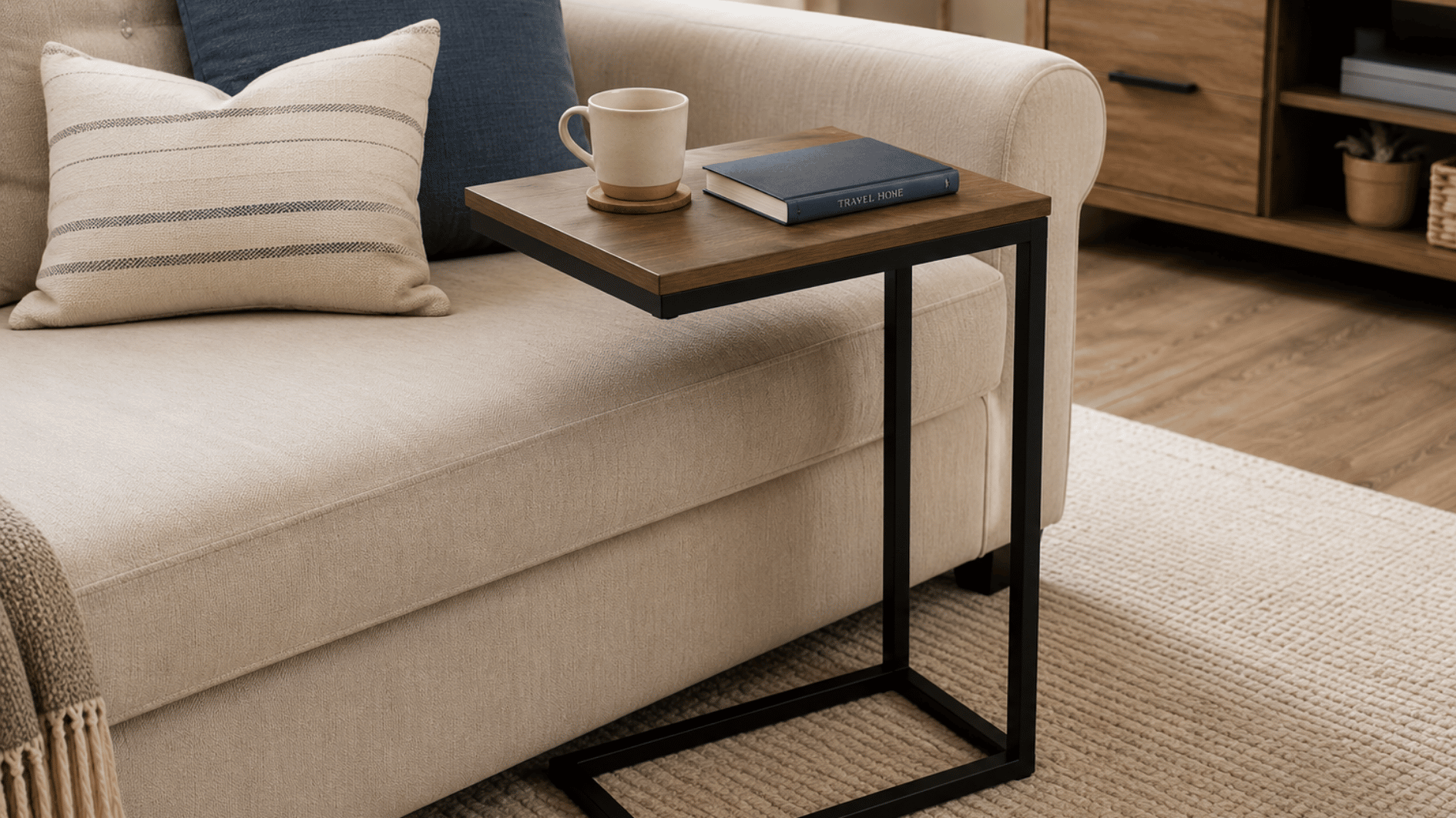 c-shaped sofa side table with wood top holding a mug and book beside a cozy couch