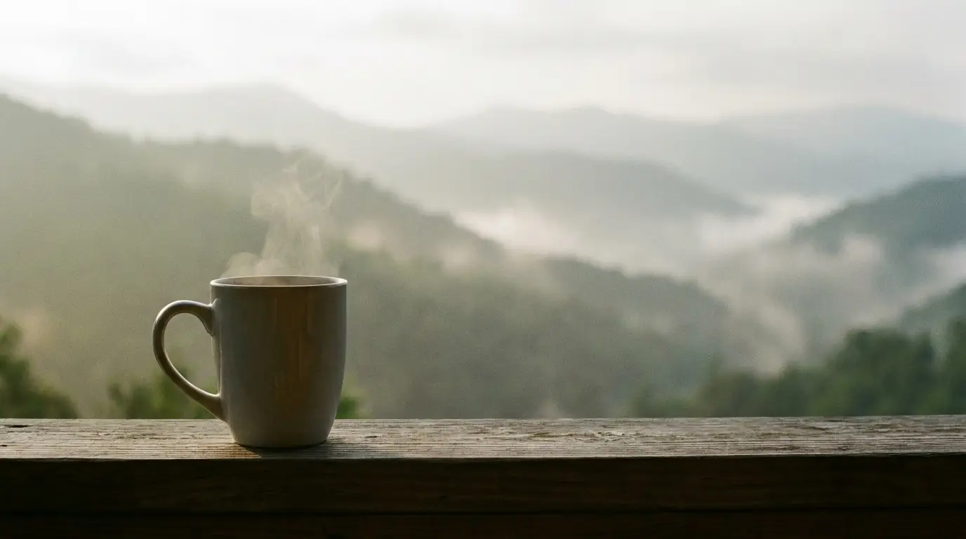 Steaming coffee mug on wooden railing with misty mountains in the background
