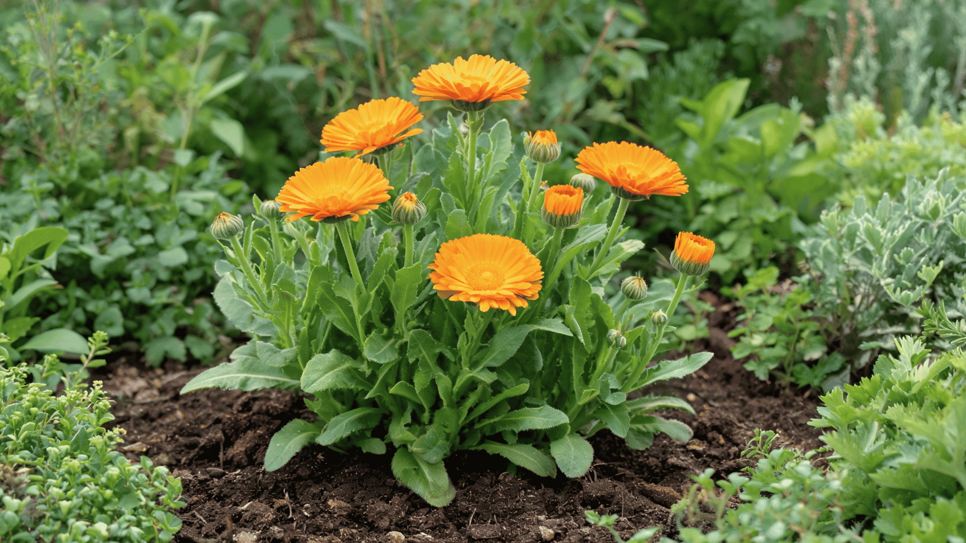 Calendula plant with golden orange flowers and green leaves growing in a garden border.