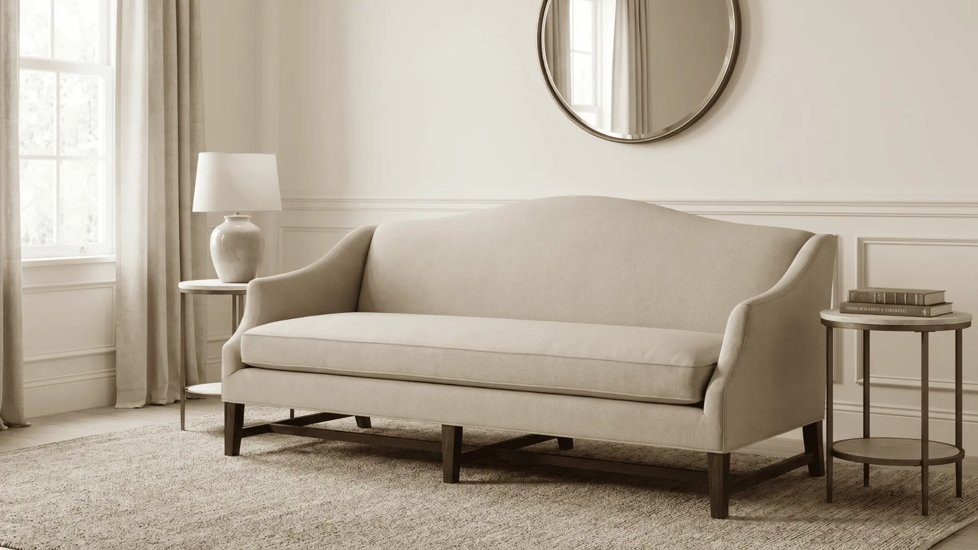 Camelback sofa with gently curved back and wooden legs in a simple living room