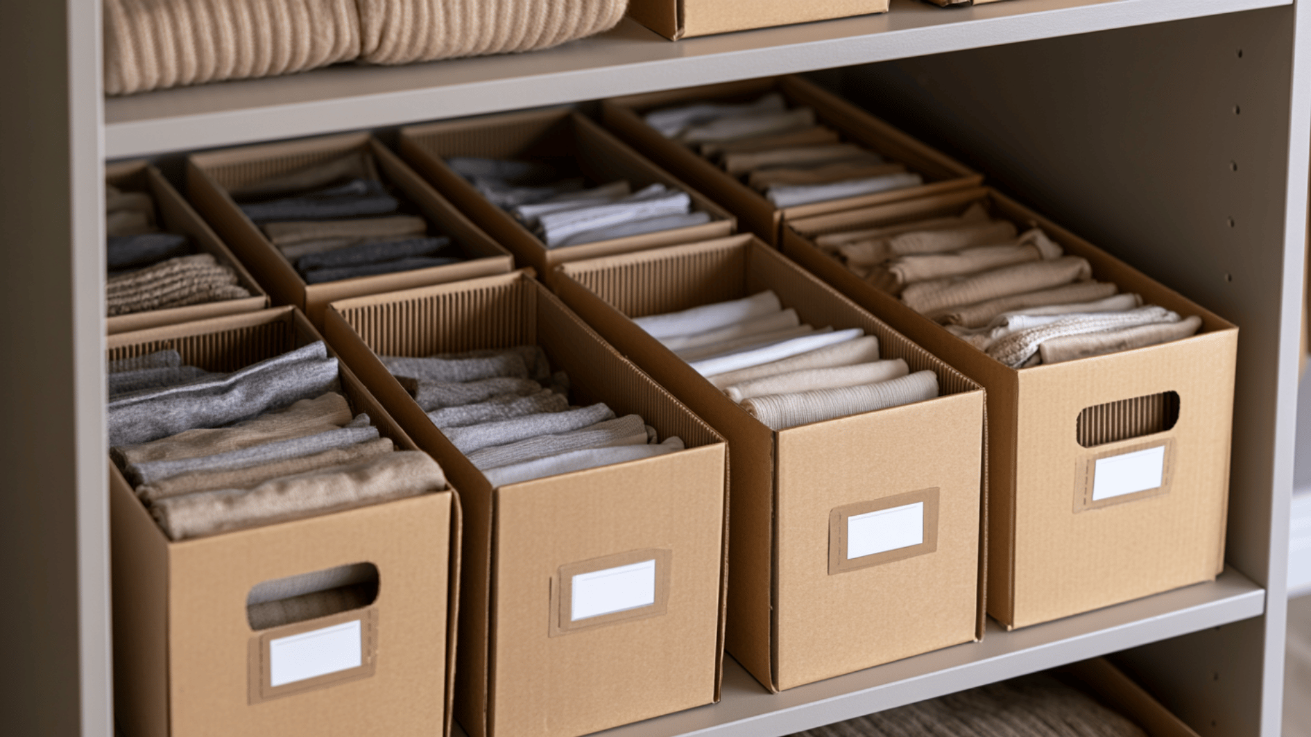 cardboard divider boxes holding folded clothes on closet shelf for simple storage organization