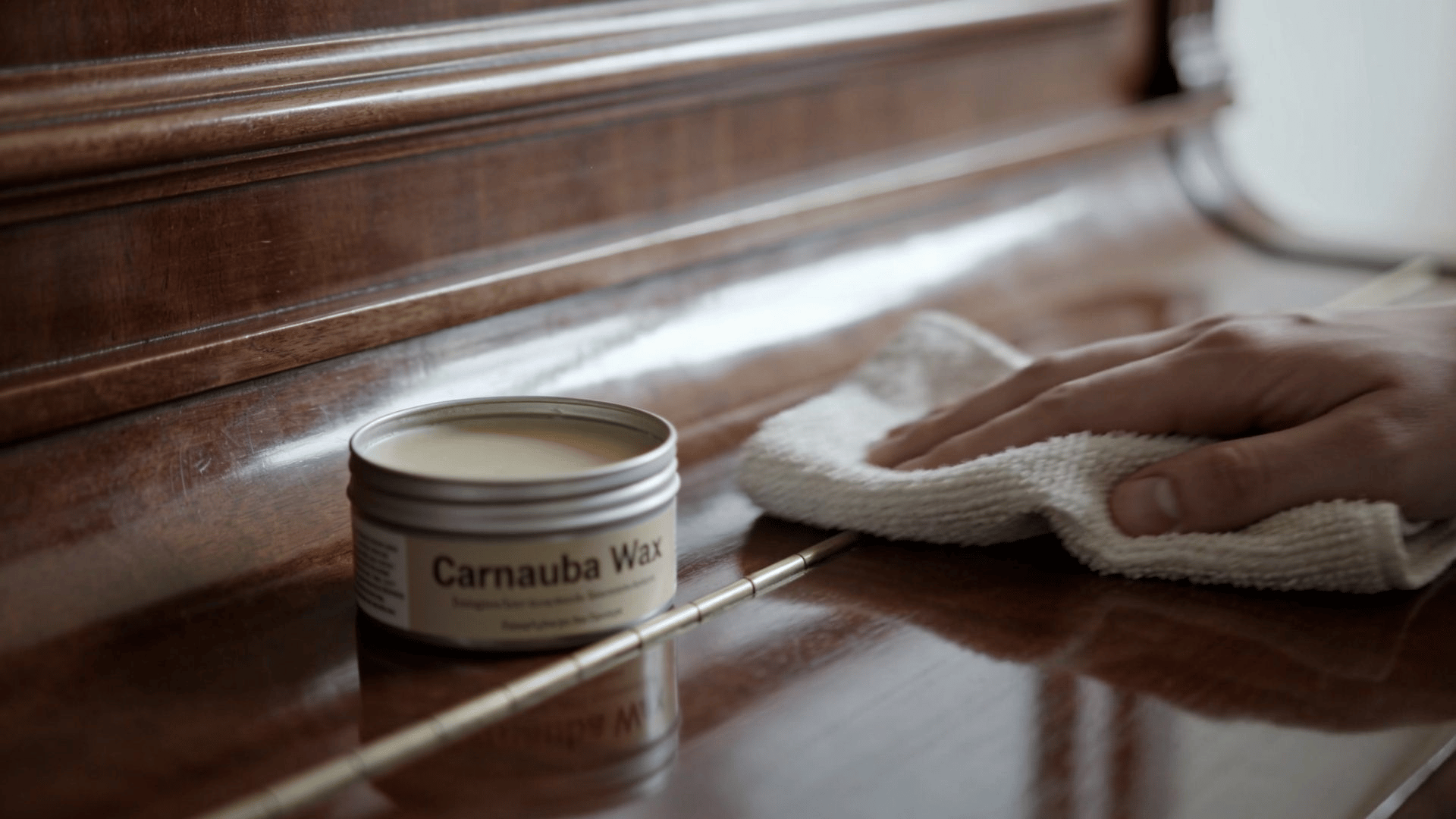 Carnauba wax container beside polished wooden furniture being buffed with cloth to create smooth shiny surface