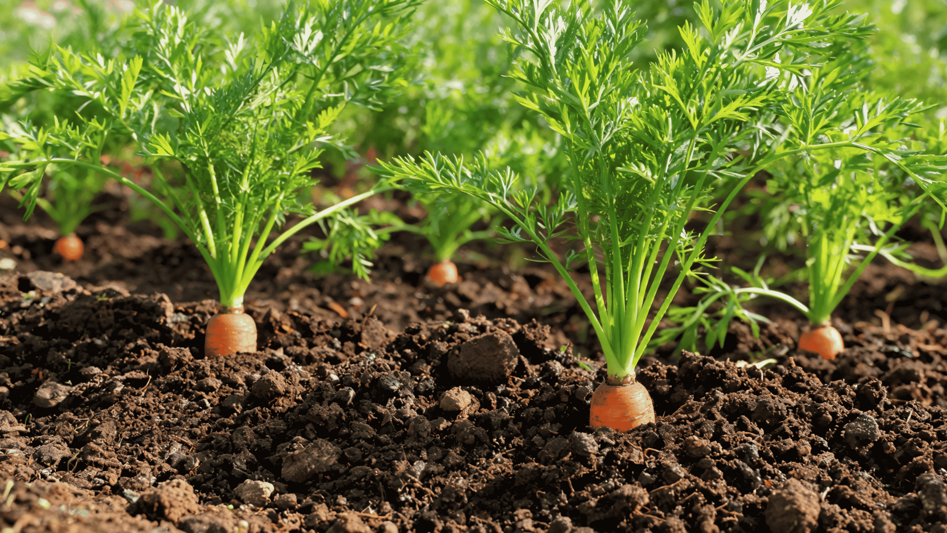 Carrot plants with green leaves and orange roots growing in garden soil.