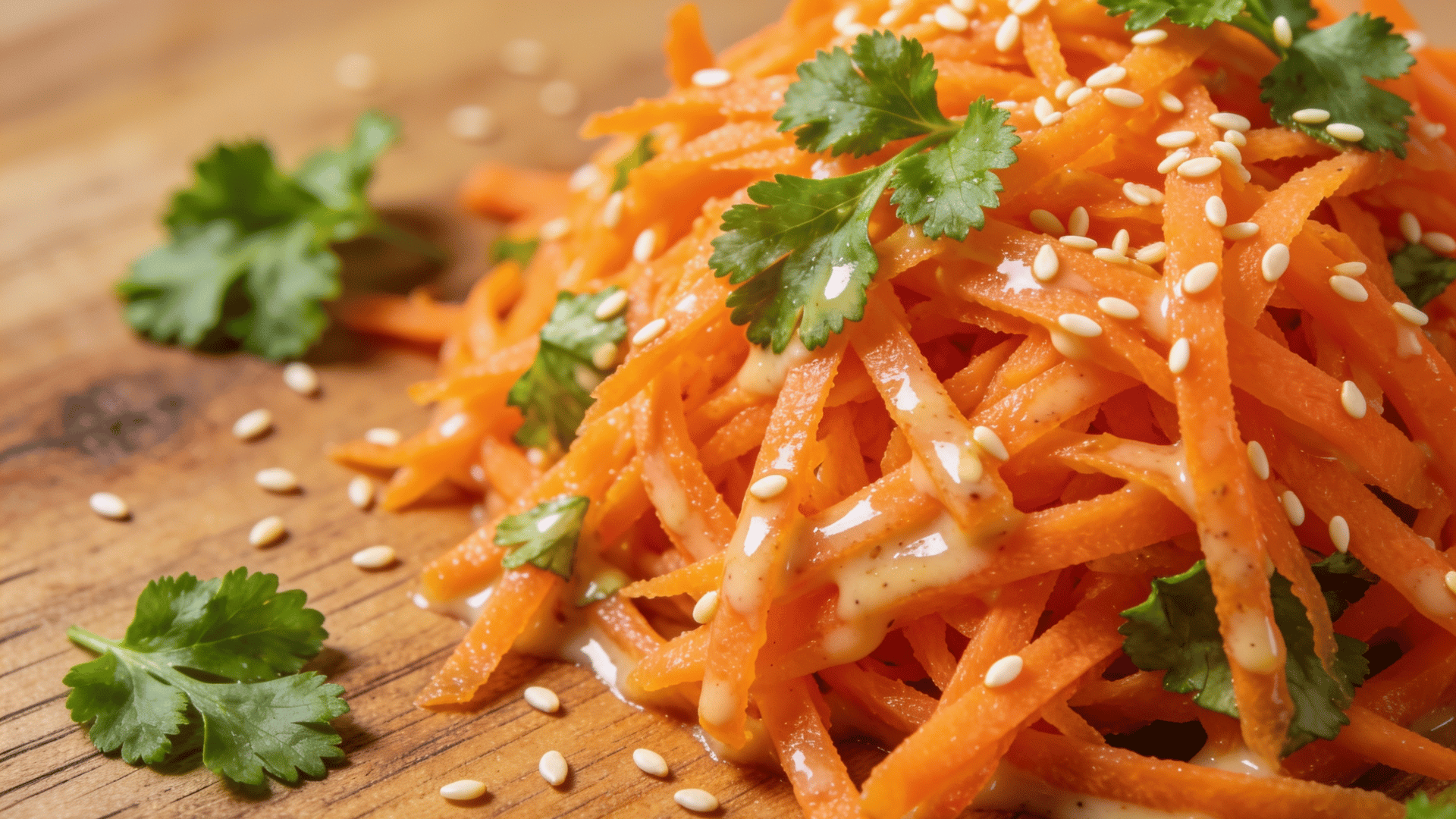 carrot slaw topped with sesame seeds and fresh cilantro, lightly dressed and served on a wooden board as a fresh side dish