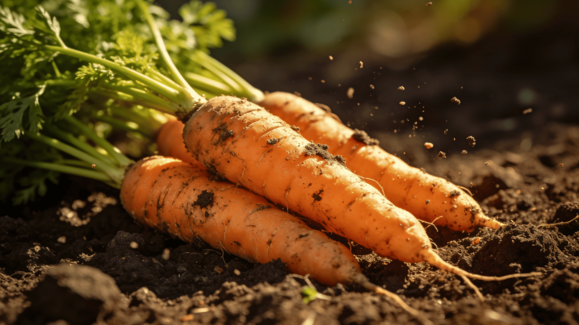Fresh carrots being harvested from soil with dirt particles in motion under warm natural sunlight.