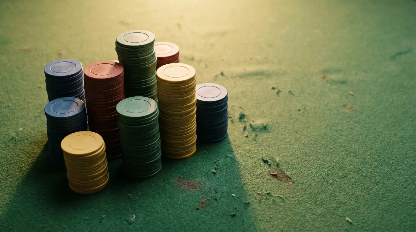 Stacks of colorful poker chips on green felt table under warm lighting