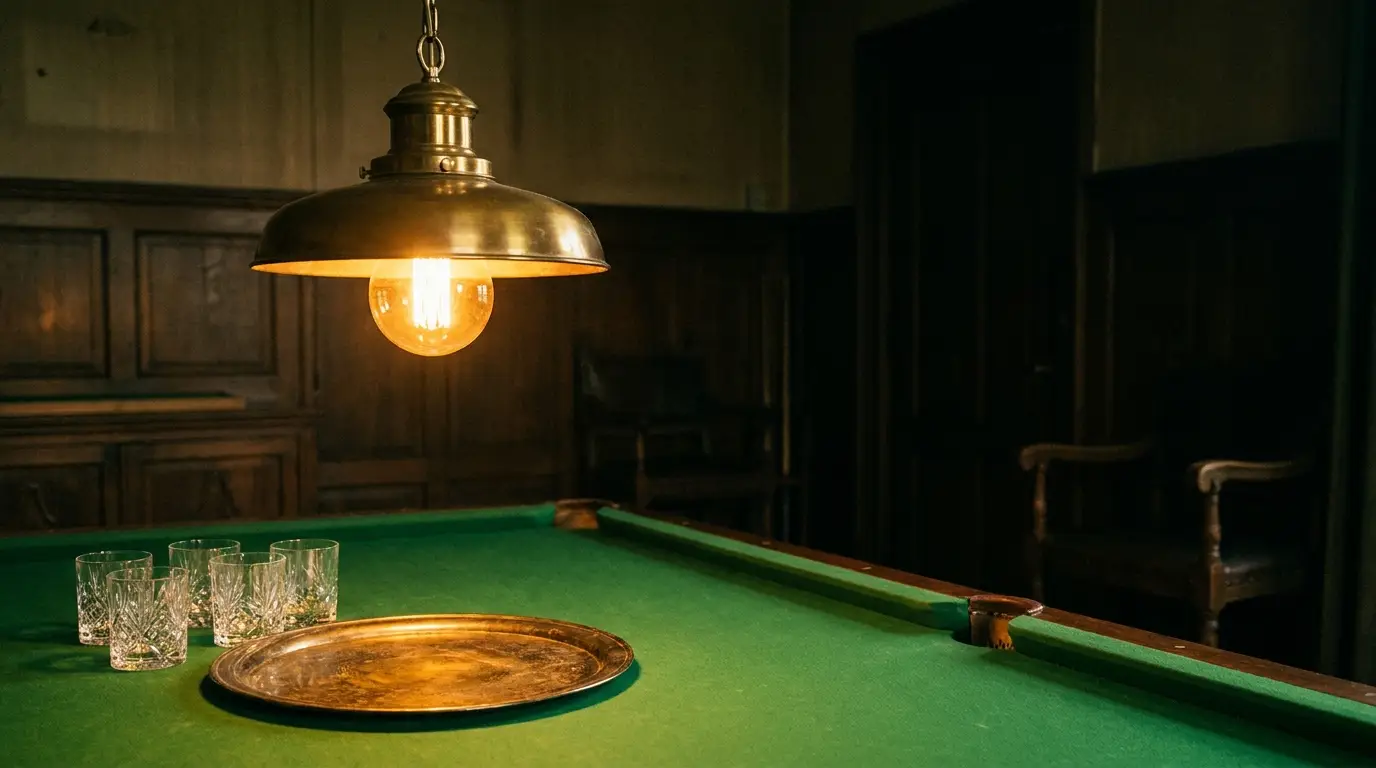 Billiard table with crystal glasses and brass tray under hanging industrial light in dimly lit room